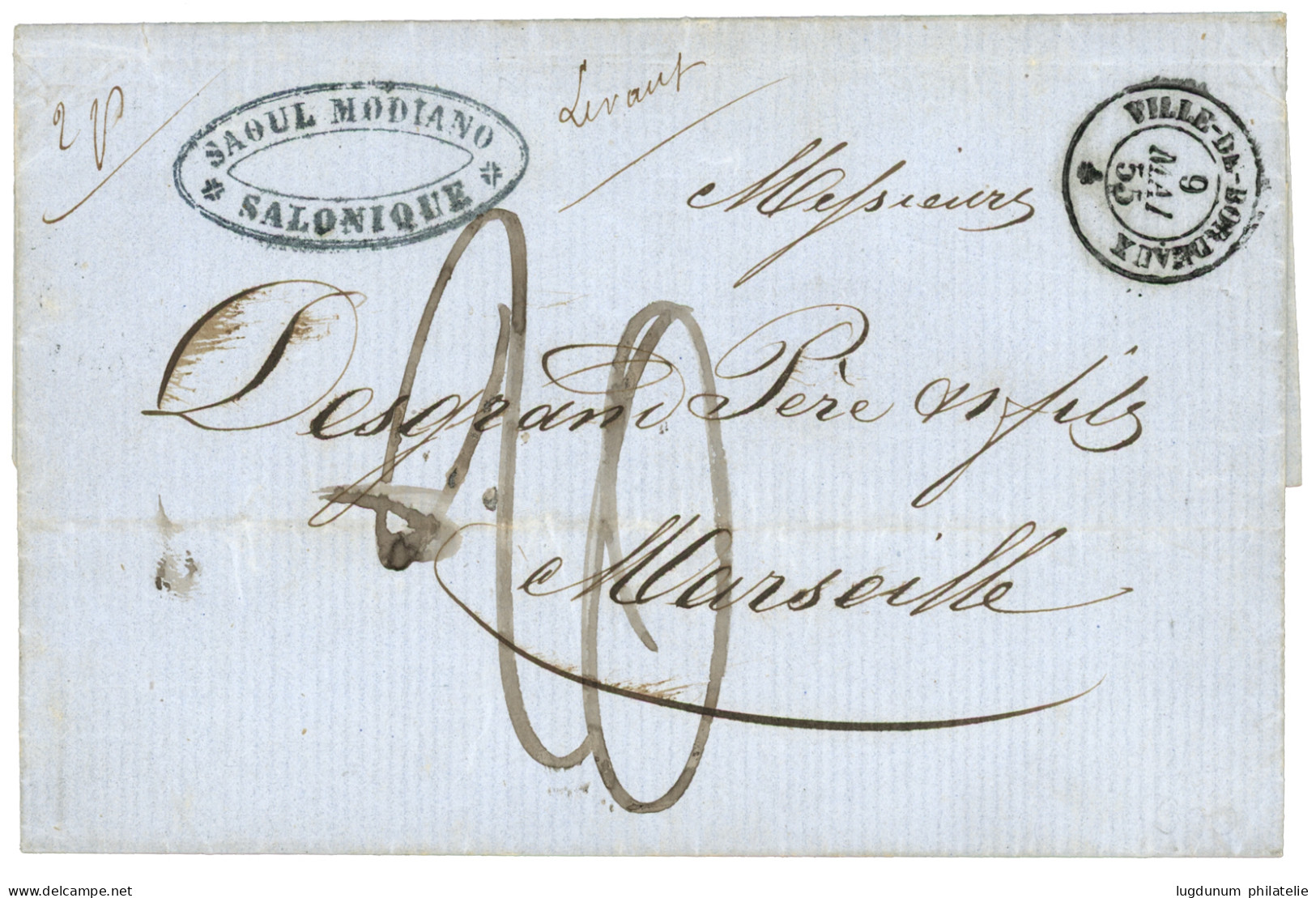 Paquebot "VILLE DE BORDEAUX" 1855 Trés Rare Cachet Du Paquebot VILLE DE BORDEAUX 9 Mai 55 + Taxe 20 (double Port) Sur Le - Schiffspost
