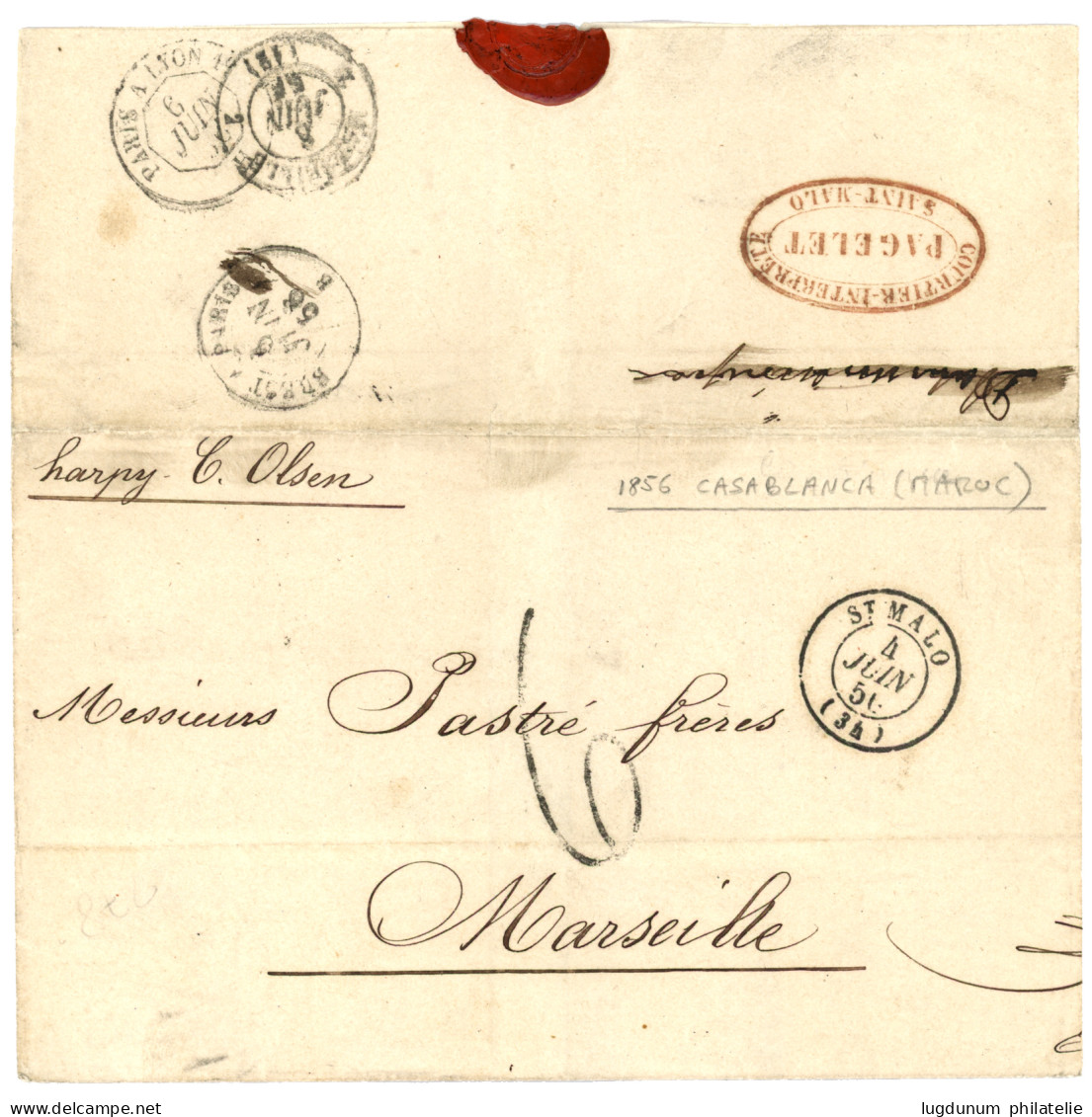 MAROC PRECURSEUR Acheminé Via ST MALO : 1856 T.15 ST MALO + Taxe 6 Sur Lettre Sans Texte Mais Daté "CASABLANCA 16 Mai 18 - Posta Marittima