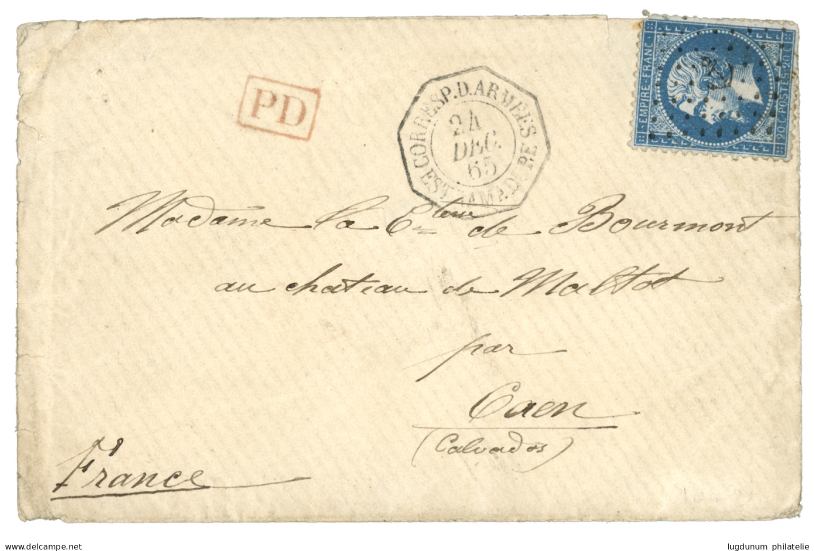 1865 20c (n°22) Obl. ANCRE + CORRESP. D' ARMEES ESTRAMADURE Sur Enveloppe Au Tarif Militaire Pour CAEN. Trés Rare. TB. - Schiffspost