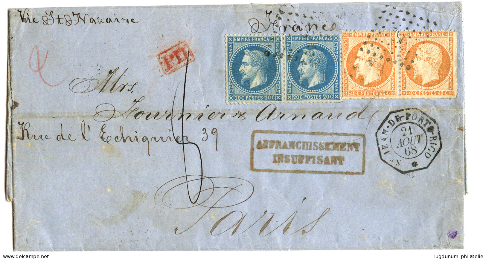 1868 Paire 20c (n°29) + Paire 40c (n°23) Obl. ANCRE + ST JEAN-DE-PORTO-RICO + Taxe 8 + AFFRANCHISSEMENT INSUFFISANT Sur  - Schiffspost