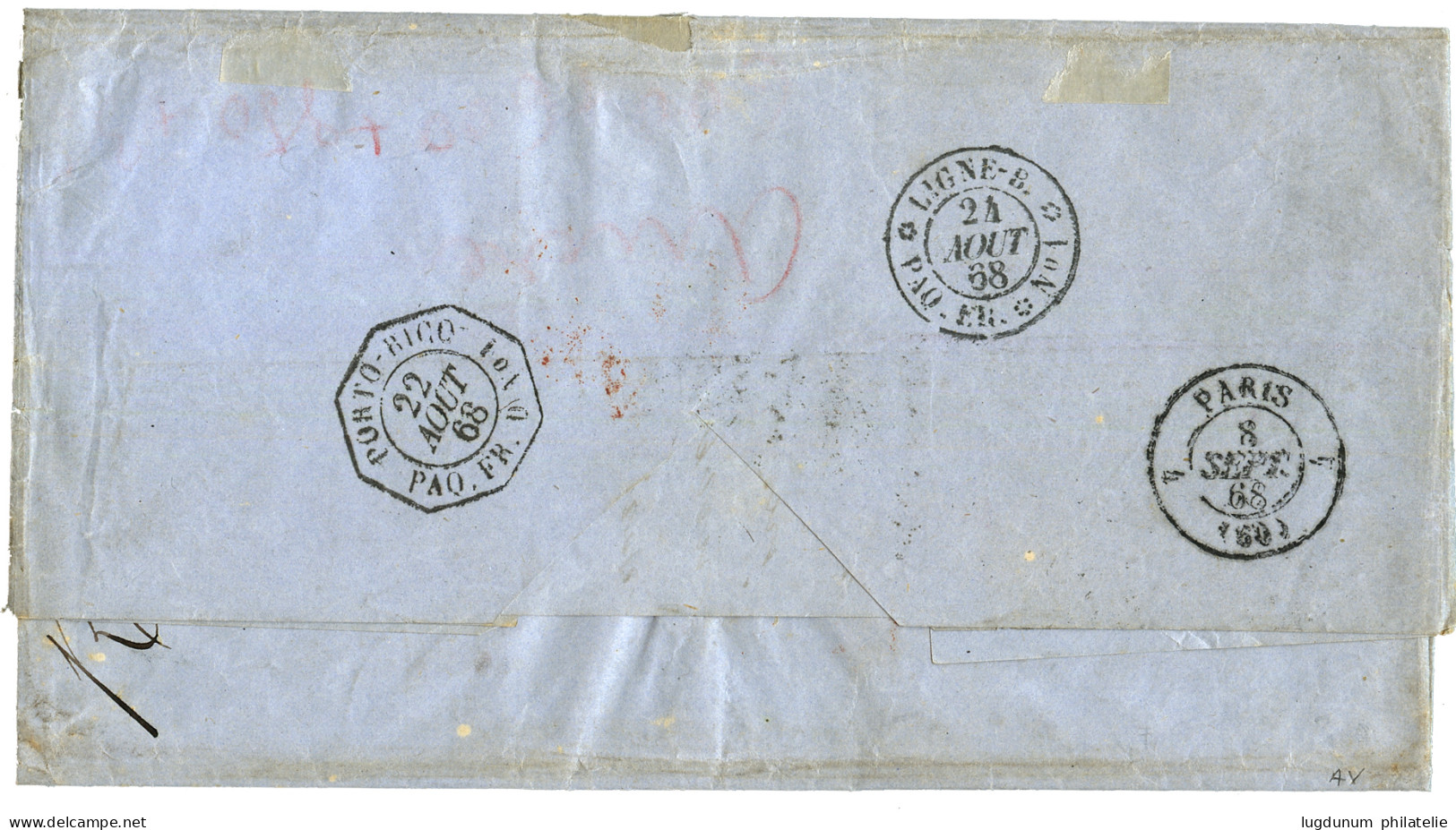 1868 Paire 20c (n°29) + Paire 40c (n°23) Obl. ANCRE + ST JEAN-DE-PORTO-RICO + Taxe 8 + AFFRANCHISSEMENT INSUFFISANT Sur  - Maritime Post