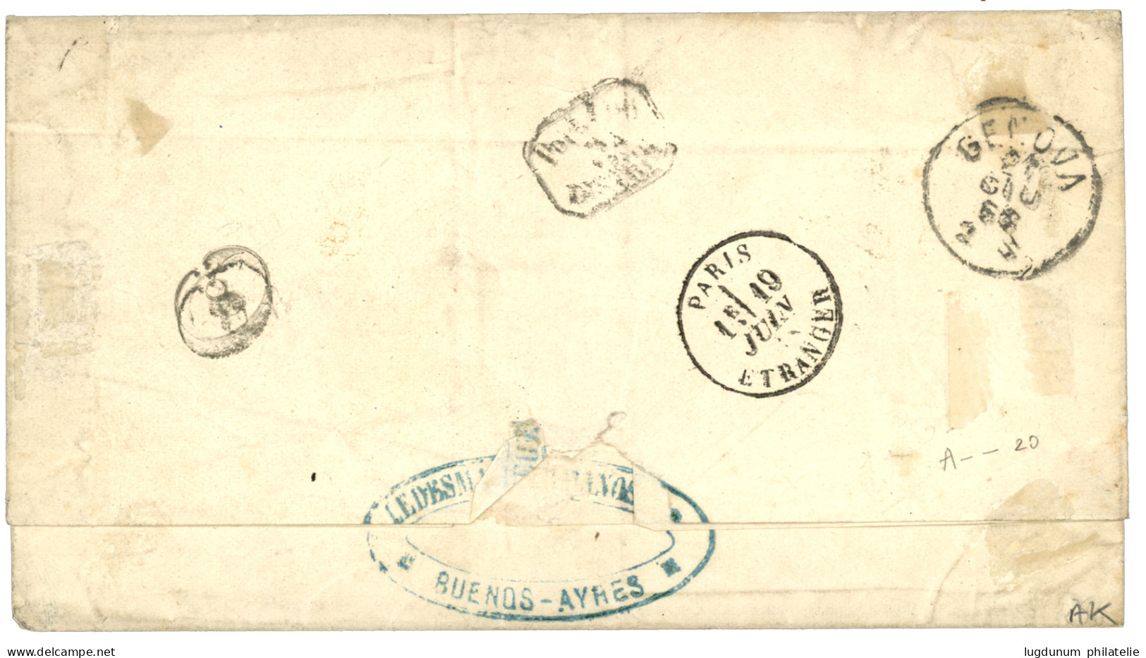 1868 80c (n°24) Bande De 3 Obl. ANCRE + BUENOS-AYRES Sur Lettre Pour L' ITALIE. Double Port à 2F40. Superbe. - Maritieme Post