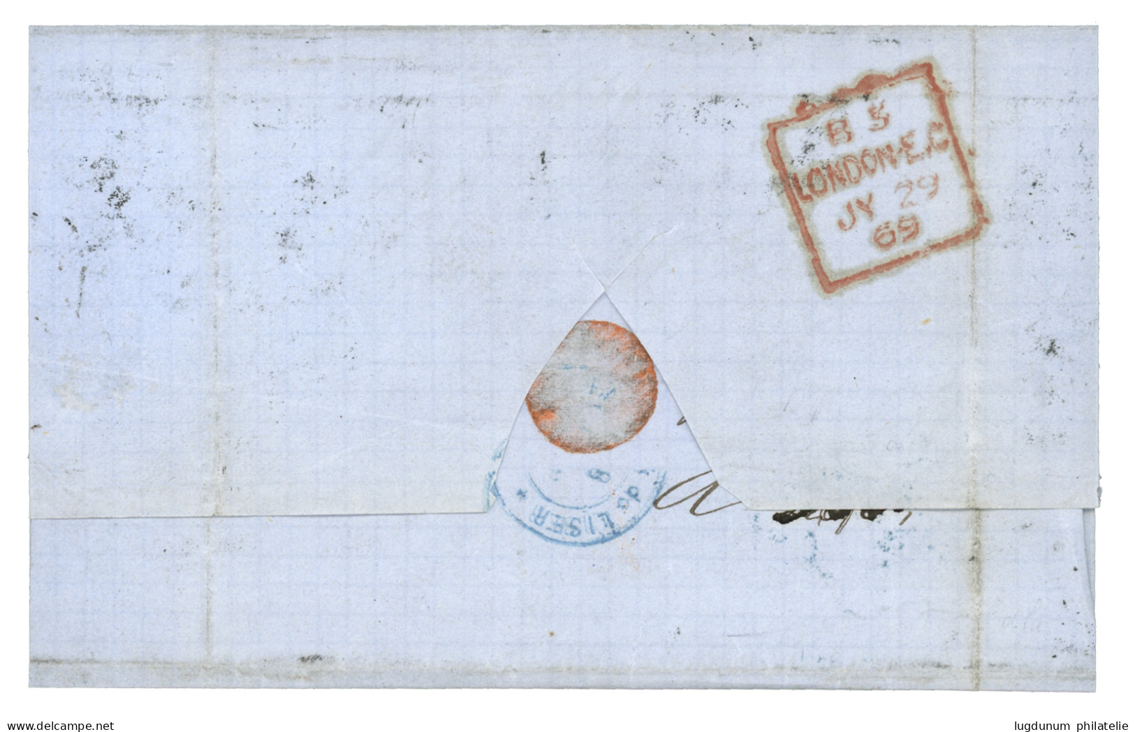 1869 40c (n°31) Obl. Killer Anglais 723 + SOUTHAMPTON /FRANCE/ M.B. Sur Lettre Du HAVRE Pour L' ANGLETERRE. Signé CALVES - Maritieme Post