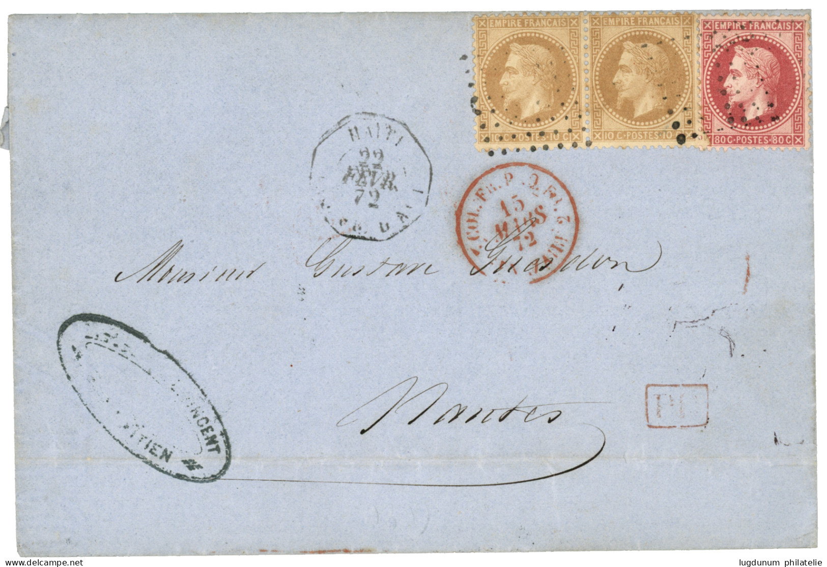 1872 10c (n°28)x2 + 80c (n°32) Obl. ANCRE + HAITI PAQ FR D N°1 Sur Lettre Du CAP HAITIEN Pour NANTES. RARE. TB. - Maritime Post