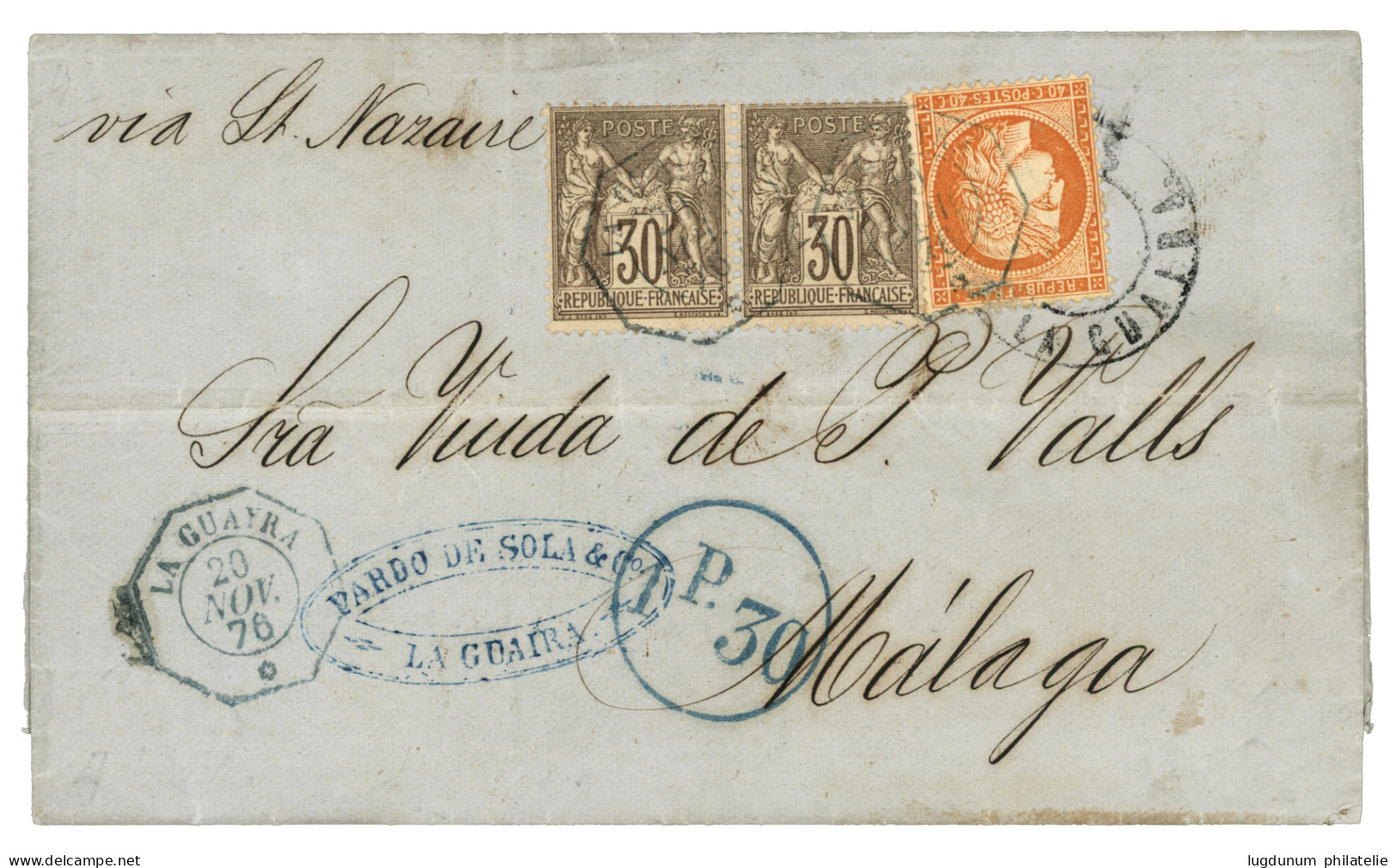 1876 40c SIEGE (n°38) + Paire 30c SAGE Type I (n°69) Obl. LA GUAYRA Sur Lettre Pour MALAGA (ESPAGNE). Superbe Qualité. - Poste Maritime