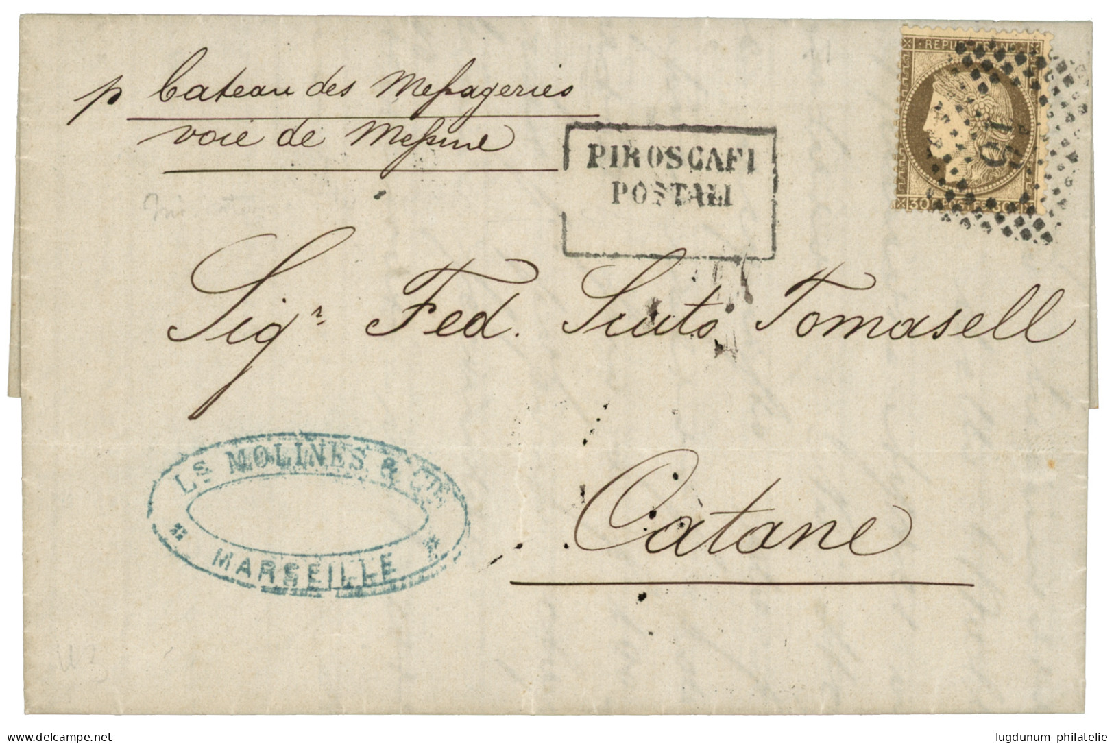 1876 30c CERES (n°56) Obl.  Cachet Italien 16 + Cachet échoppé PIROSCAFI POSTALI (trés Rare) Sur Lettre Avec Texte De MA - Maritime Post