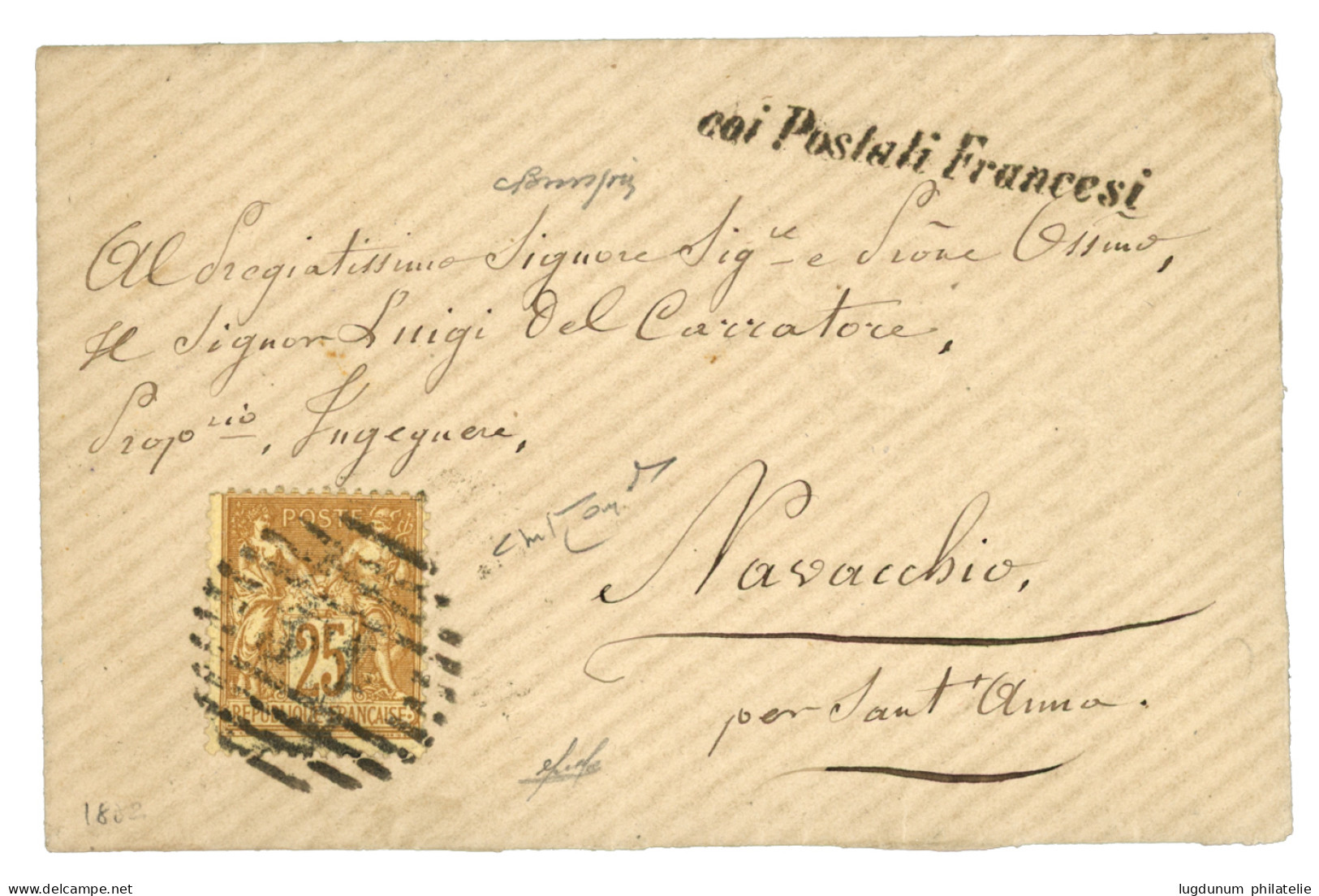 1882 25c SAGE Obl. Cachet Italien 14 + COI POSTALI FRANCESI Sur Enveloppe Pour NAVACCHIO (ITALIE). RARE. Superbe. - Poste Maritime