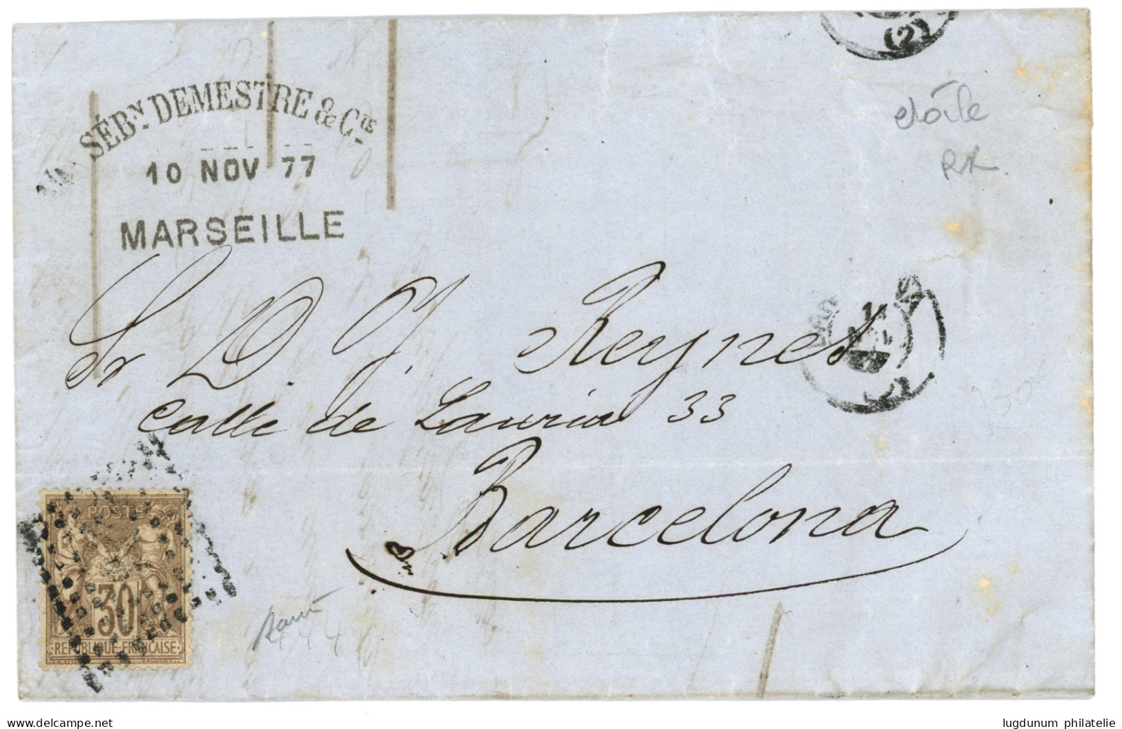 1877 30c SAGE Obl. Cachet Espagnol "losange De Points" Sur Lettre De MARSEILLE Pour BARCELONA. Oblitération Trés Rare Su - Maritime Post