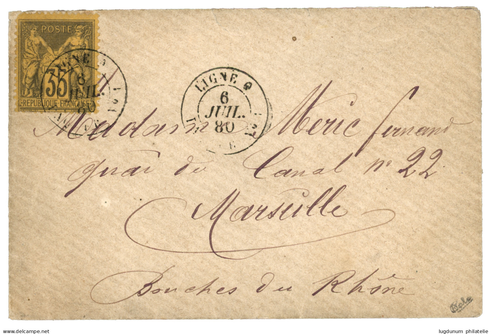 LIGNE O De POINTE DE GALLE (CEYLON) à CALCUTTA : 1880 35c SAGE Obl. Trés Rare Cachet LIGNE O PAQ FR N°1 (Salles N°1961b  - Maritime Post