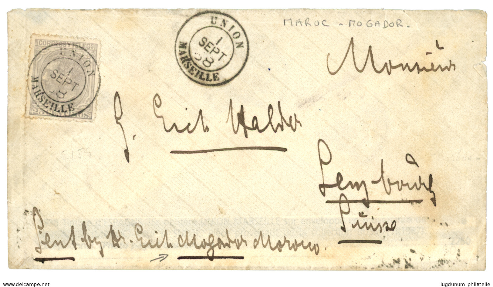 MAROC - MOGADOR : 1888 ESPAGNE 25c Obl. Cachet Maritime Rare UNION MARSEILLE + "Sent By Dr Erich MOGADOR MOROCCO" Sur En - Schiffspost