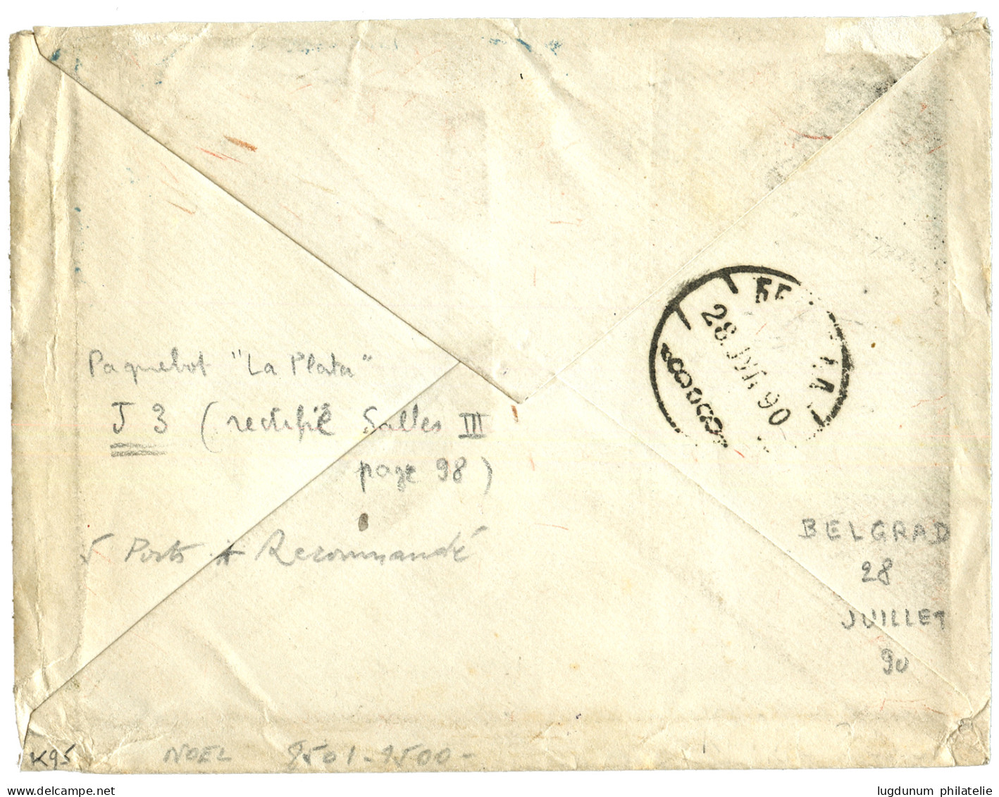 LIGNE J Pour LA SERBIE : 1890 25c SAGE (6) Obl. LIGNE J PAQ FR N°3 Sur Enveloppe RECOMMANDEE (5éme échelon De Poids) Pou - Maritime Post