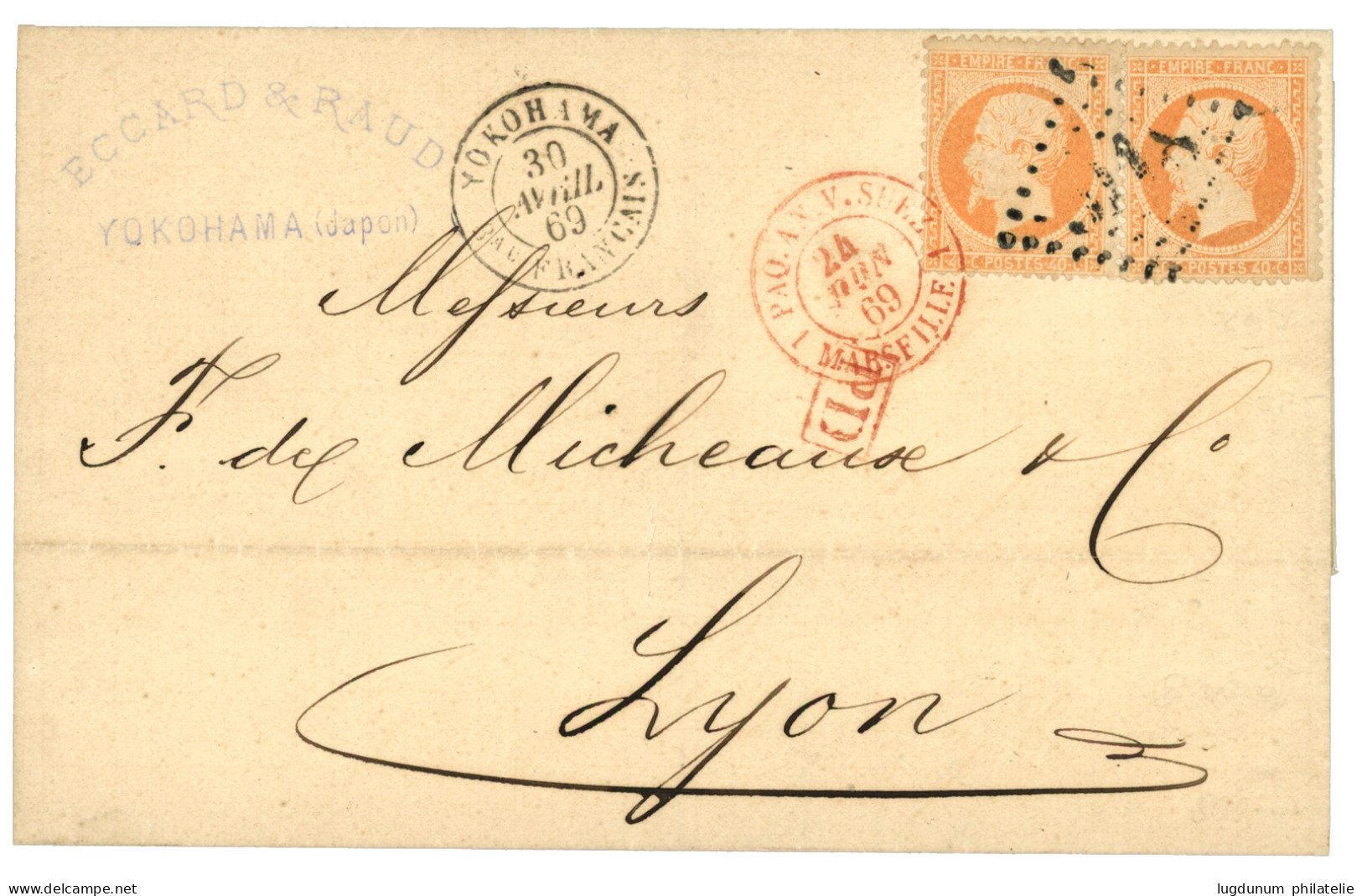 1869 Paire 40c EMPIRE (n°23) Obl. GC 5118 + YOKOHAMA Bau FRANCAIS Sur Lettre Pour La FRANCE. TTB. - 1849-1876: Classic Period