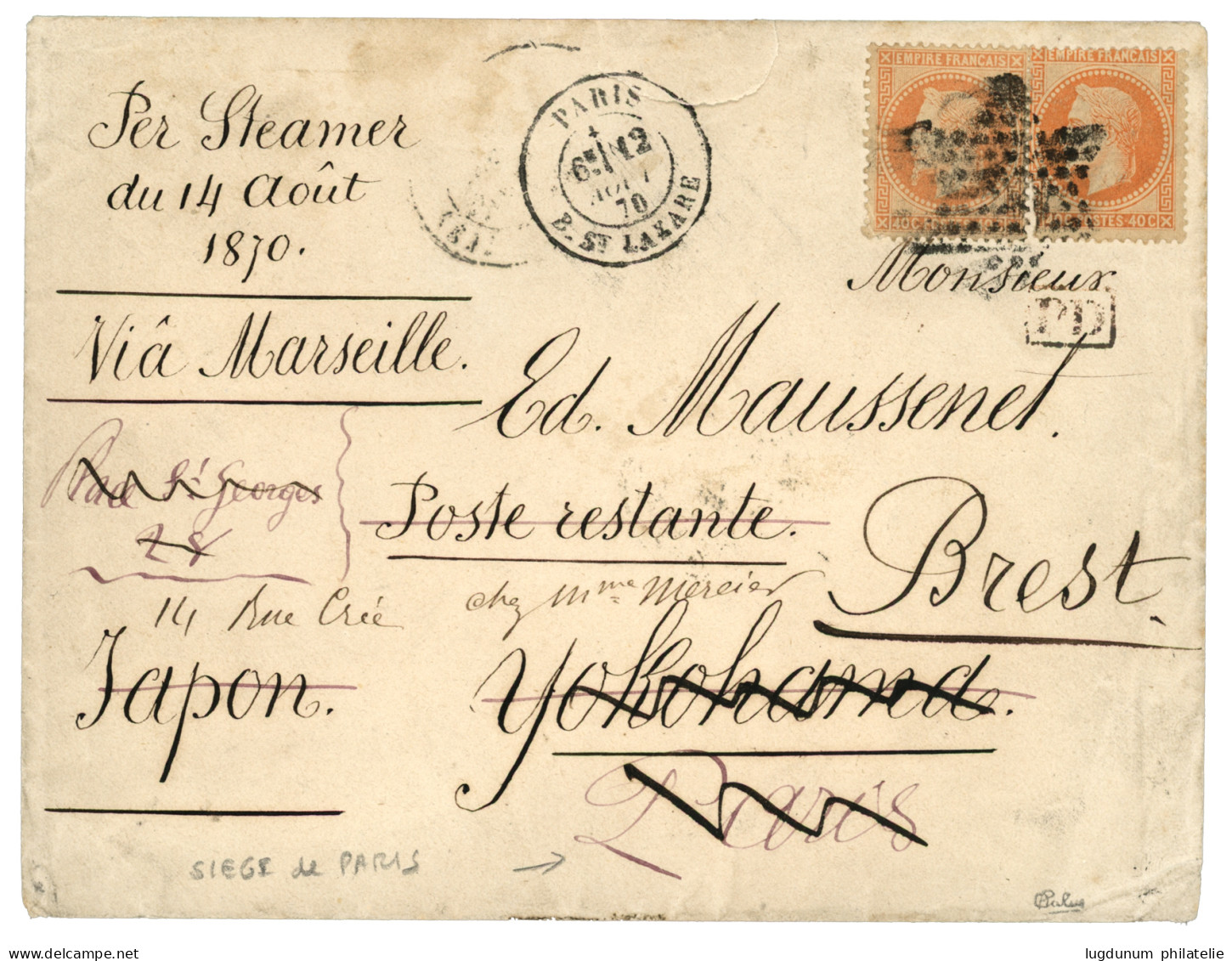 YOKOHAMA - Courrier Détourné (GUERRE 1870 Siège De PARIS) : 40c (n°31) X2 Obl. Etoile + PARIS 12 Aout 70 Pour YOKOHAMA ( - 1849-1876: Période Classique