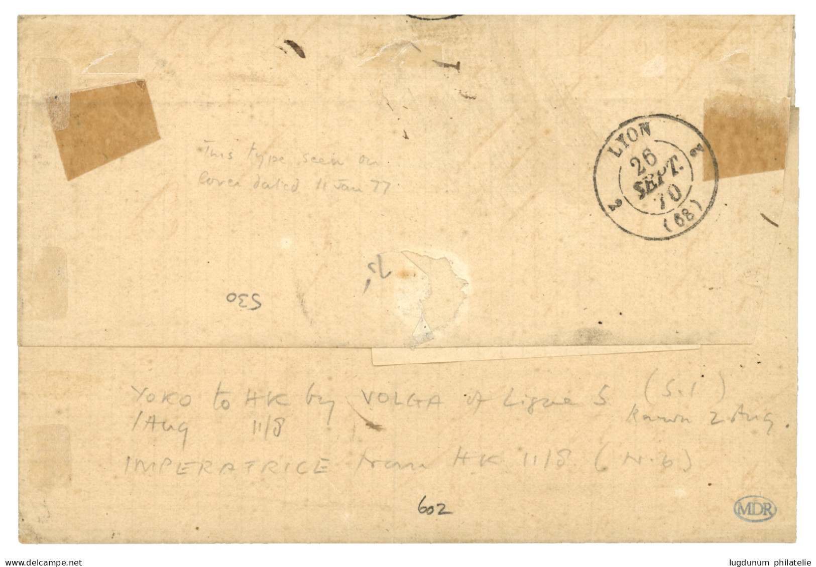 1870 80c (n°32) Obl. ANCRE + LIGNE N PAQ FR. N°1 Sur Lettre De YOKOHAMA (JAPON) Pour LYON. RARE. TTB. - 1849-1876: Periodo Classico