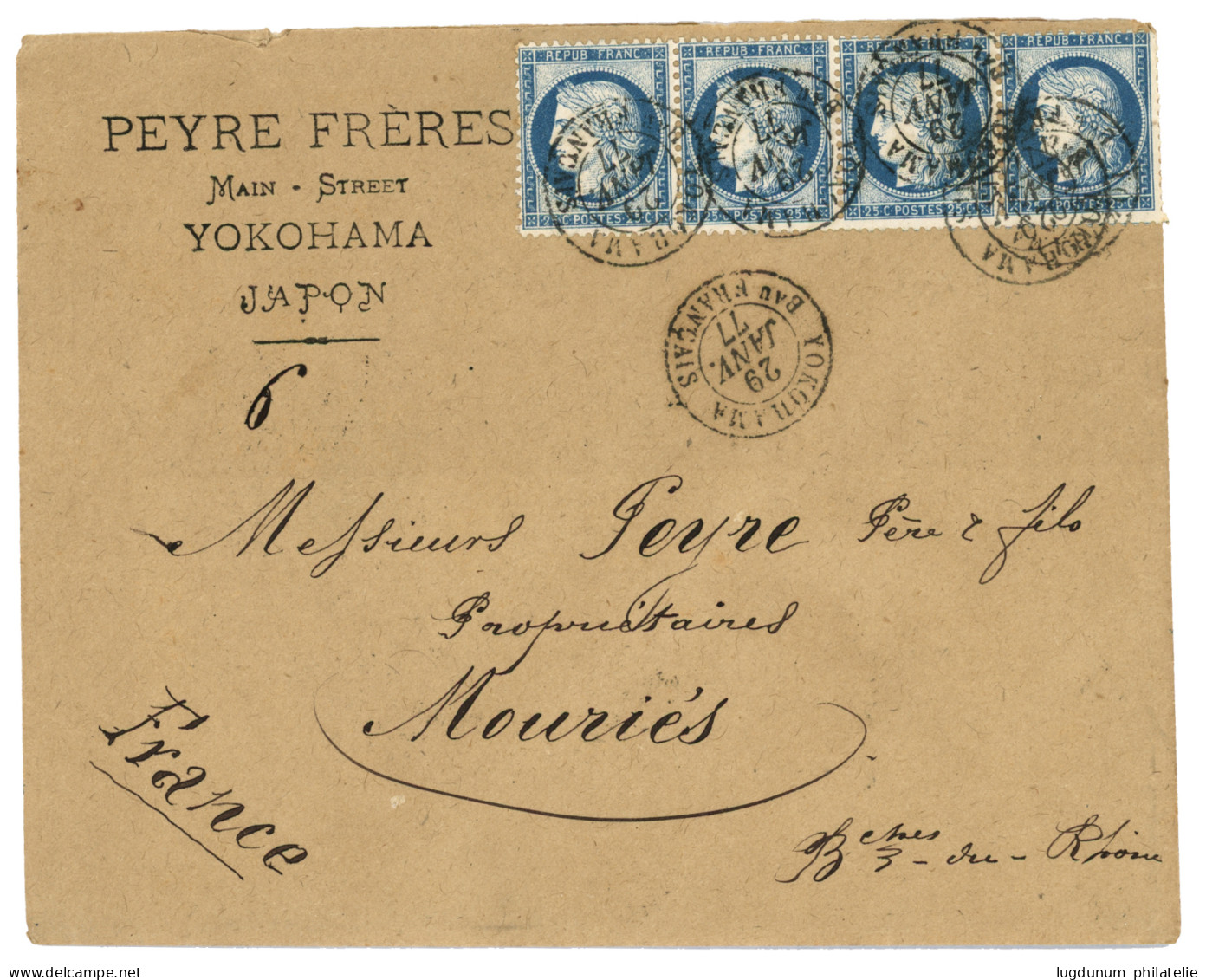 1874 25c CERES (n°60) Bande De 4 Obl. YOKOHAMA Bau FRANCAIS Sur Enveloppe Pour La FRANCE. Superbe. - 1849-1876: Periodo Classico