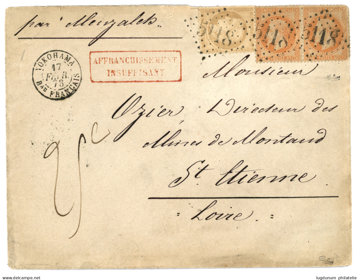 1873 Mixte 40c Lauré (x2) Pd + 15c CERES Obl. GC 5118 + YOKOHAMA Bau FRANCAIS + AFFRANCHISSEMENT INSUFFISANT + Taxe 25c  - 1849-1876: Klassik