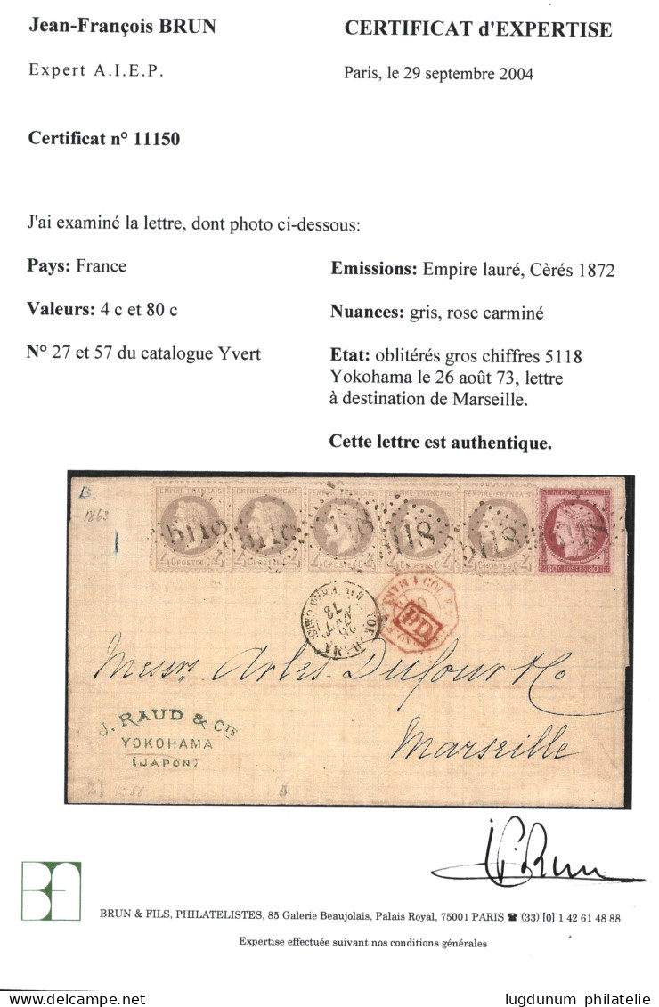 1873 Superbe Bande De 5 Du 4c Lauré (n°27) + 80c CERES Obl. GC 5118 + YOKOHAMA BAu FRANCAIS Sur Lettre Pour La FRANCE. C - 1849-1876: Période Classique