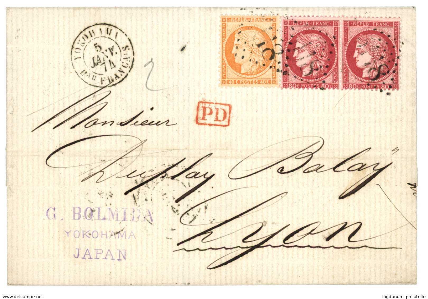 1874 80c CERES (x2) + 40c SIEGE Obl. GC 5118 + YOKOHAMA Bau FRANCAIS Sur Lettre Pour La LYON. Double Port à 2F Superbe. - 1849-1876: Période Classique