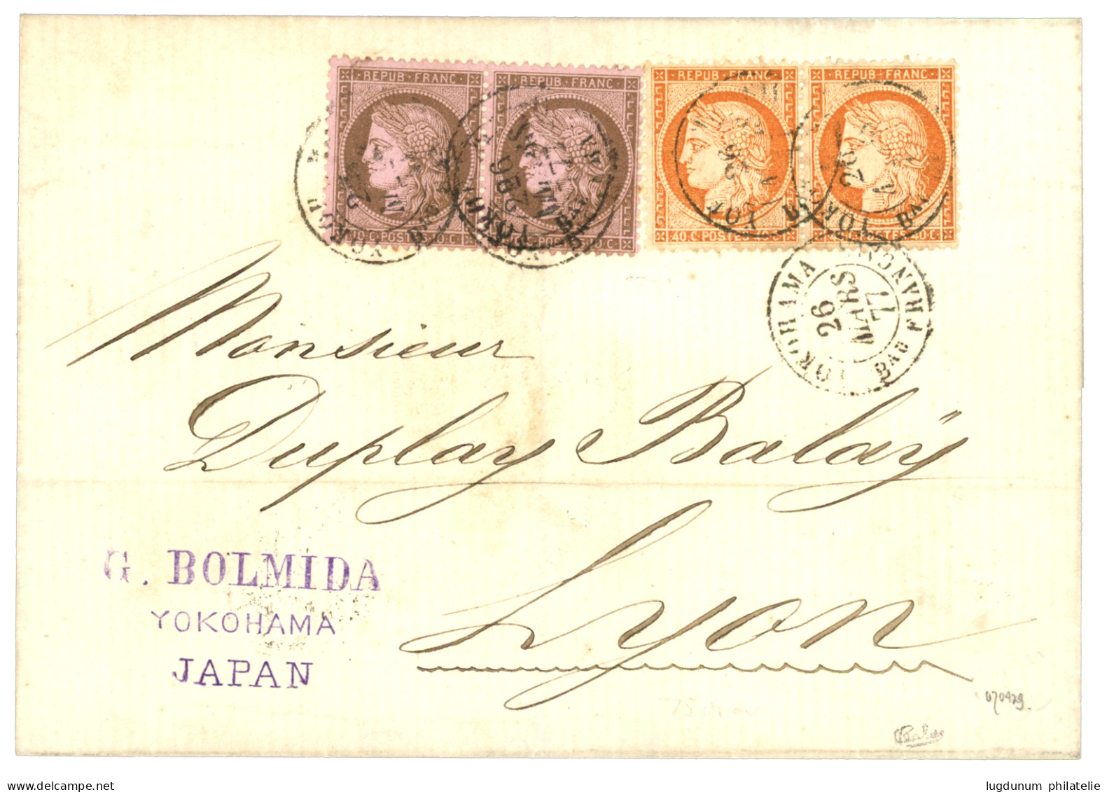 1877 10c CERES (x2) + 40c SIEGE (x2) Obl. YOKOHAMA Bau FRANCAIS Sur Lettre Pour La LYON. Combinaison Trés Rare. Superbe. - 1849-1876: Période Classique