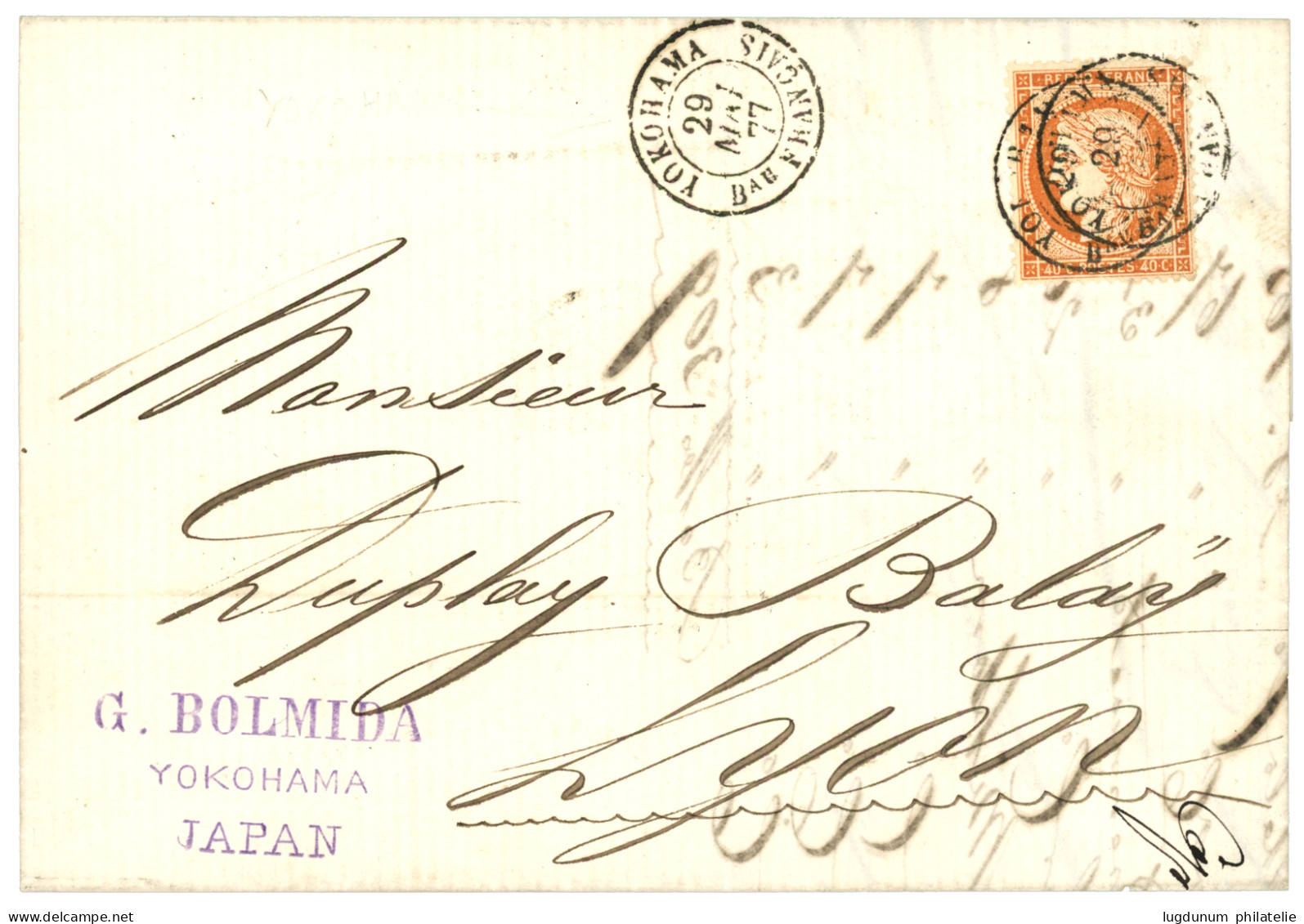 1877 40c SIEGE (n°38) Obl. YOKOHAMA Bau FRANCAIS Sur Lettre Pour La LYON. Tarif Rare à 40c. Superbe. - 1849-1876: Periodo Clásico