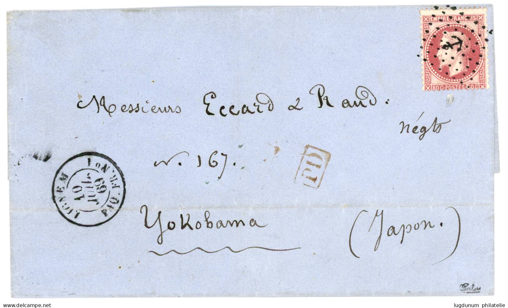 LIGNE M + LIGNE S Pour YOKOHAMA : 1869 80c (n°32) Obl. ANCRE + Rarissime Cachet LIGNE M PAQ. FR. N°1 Sur Lettre De MARSE - 1849-1876: Periodo Classico