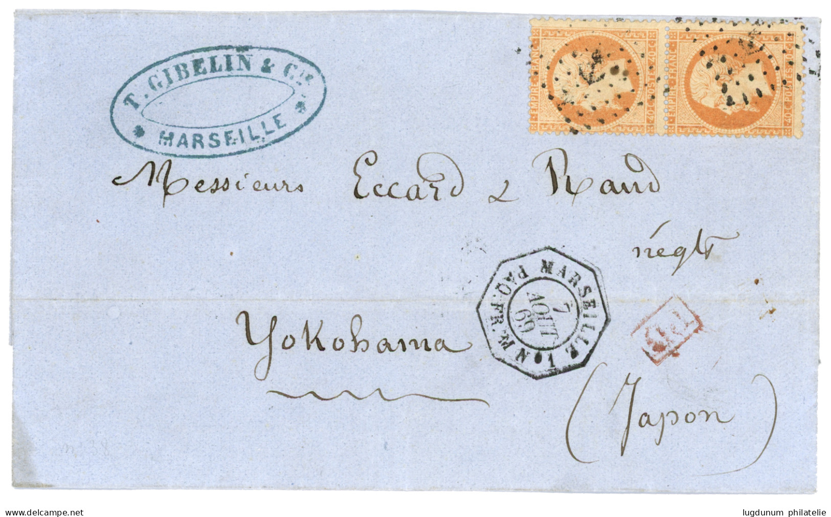 LIGNE M + LIGNE S Pour YOKOHAMA : 1869 Paire 40c (n°23) Obl. ANCRE + Trés Rare Cachet MARSEILLE PAQ. FR. M N°1 Sur Lettr - 1849-1876: Classic Period