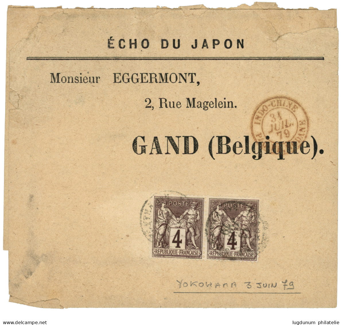 YOKOHAMA - Tarif à 8c : 1879 4c SAGE (n°88)x2 Obl. YOKOHAMA Bau FRANCAIS + INDO-CHINE PAQ. FR. MODANE Sur Bande D' IMPRI - 1849-1876: Période Classique