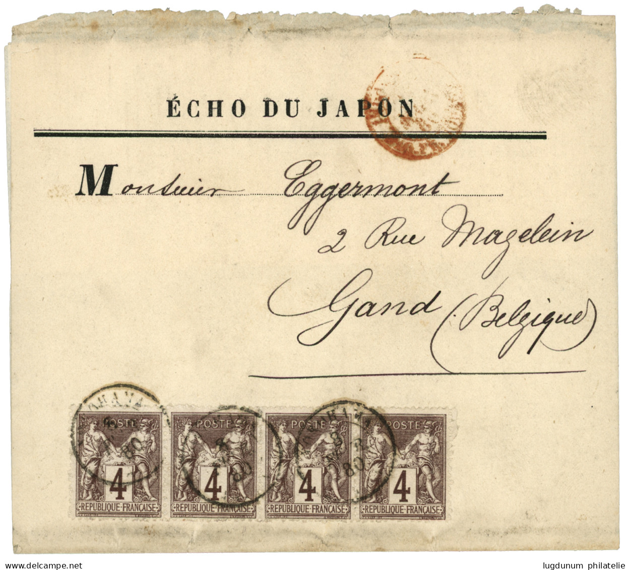 YOKOHAMA - Tarif à 16c : 1880 4c SAGE (n°88)x4 Obl. YOKOHAMA Bau FRANCAIS Sur Bande D' IMPRIME (ECHO DU JAPON) Pour GAND - 1849-1876: Classic Period