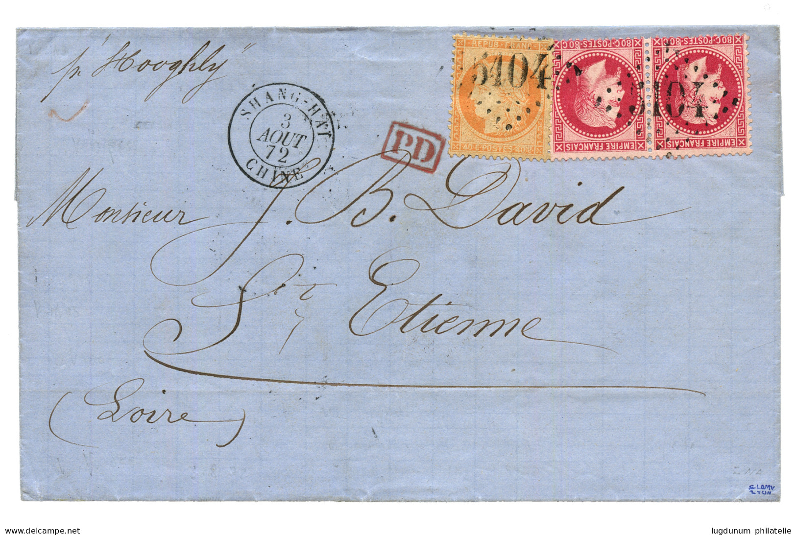 SHANGHAI CHINE : 1872 Paire 80c NAPOLEON (n°32) + 40c CERES (n°38) Obl. GC 5104 + SHANG-HAI CHINE Sur Lettre Pour La FRA - 1849-1876: Klassieke Periode