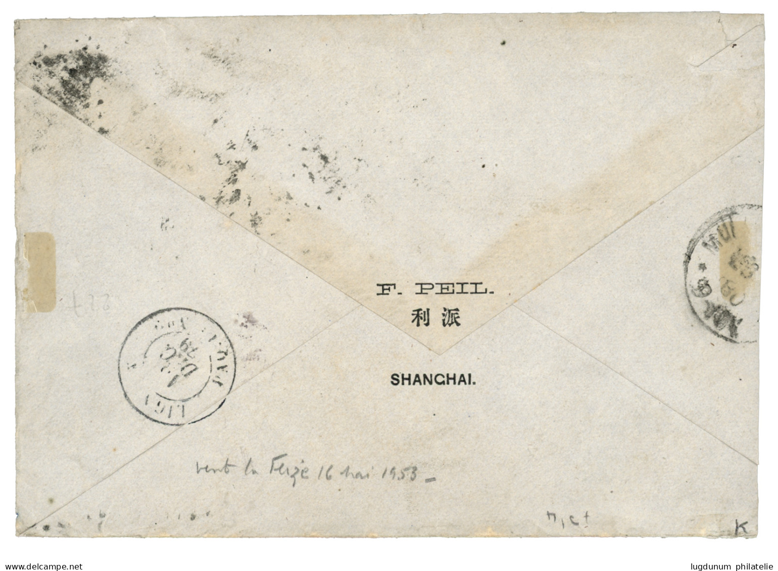 SHANGHAI CHINE - Triple Port à 1F05 : 1879 SAGE 5c + 1F Obl. GC 5104 + SHANG-HAI CHINE Sur Enveloppe (Triple Port) Pour  - 1849-1876: Période Classique