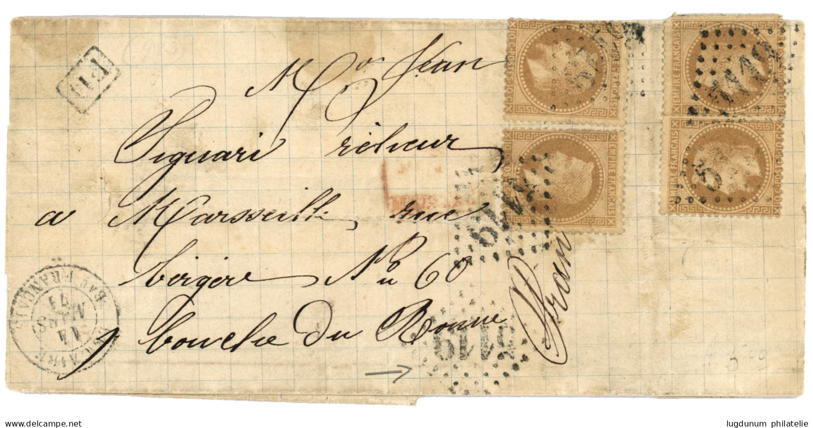 LA CAIRE : 1871 10c (n°28) X2 Au Recto + 10c (n°28) X2  Au Verso Obl. GC 5119 + LE CAIRE Bau FRANCAIS Sur Lettre Pour La - 1849-1876: Klassik