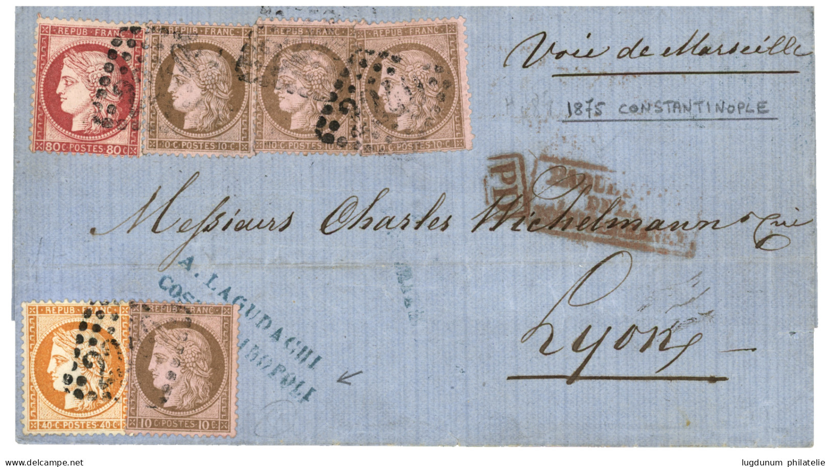 CONSTANTINOPLE : 1875 40c SIEGE + CERES 10c (n°54) + 10c (n°58)x3 + 80c  (n°57) Obl. GC 2240 + PAQUEBOTS DE LA MEDITERRA - 1849-1876: Classic Period