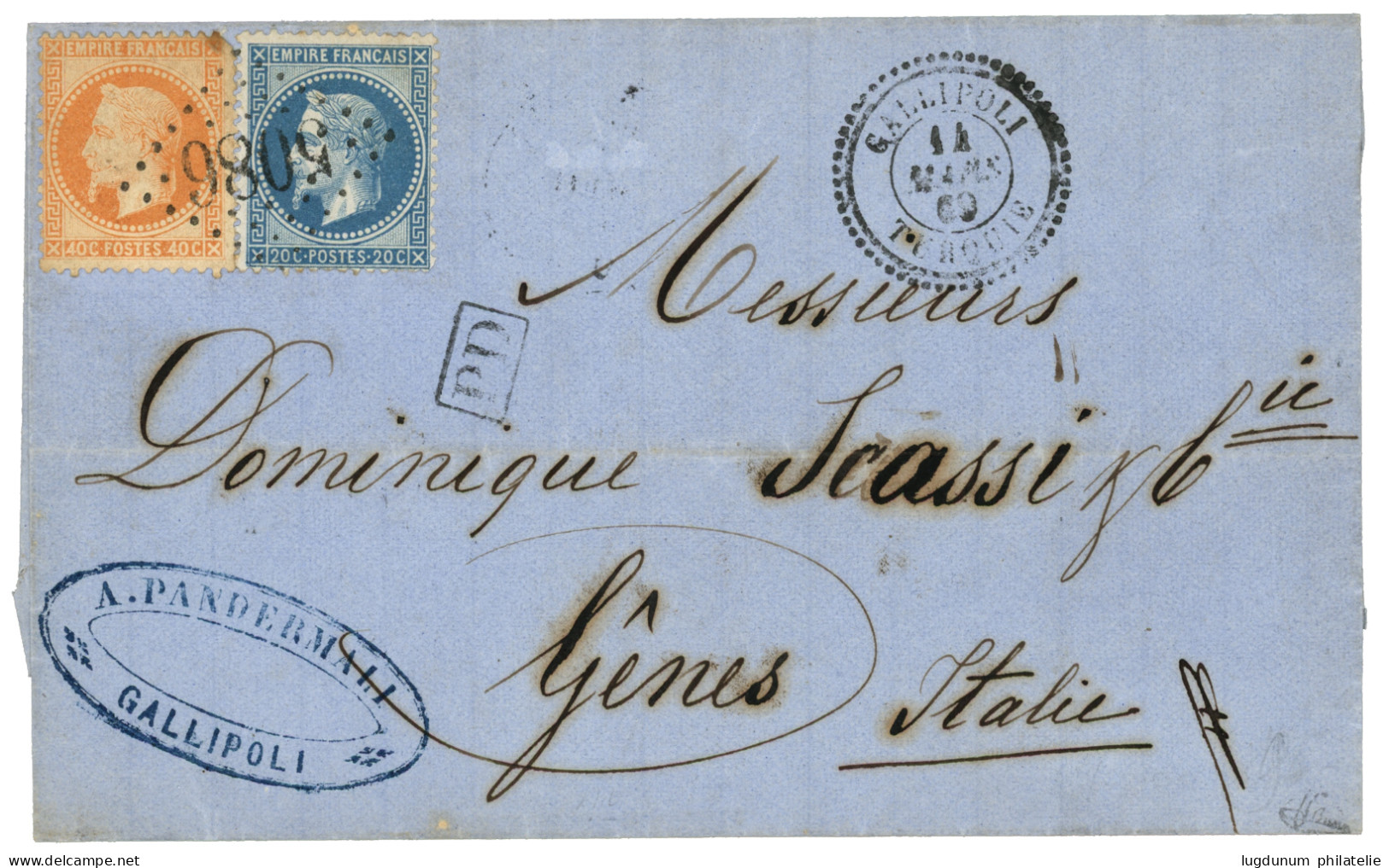 GALLIPOLI : 1869 20c (n°29) + 40c (n°31) Pd Obl. GC 5086 + GALLIPOLI TURQUIE Sur Lettre Pour GENES (ITALIE). Bureau RARE - 1849-1876: Periodo Classico