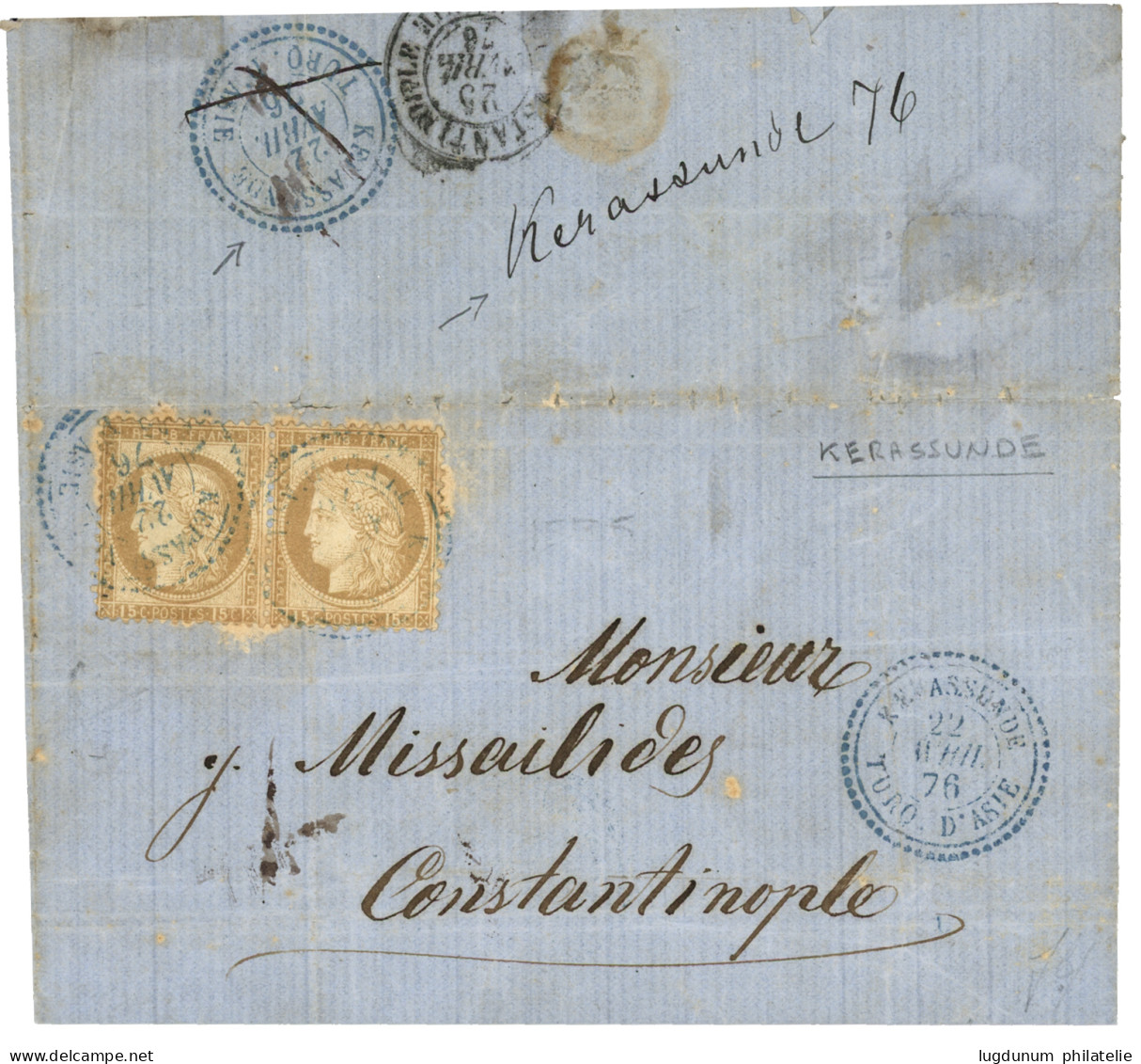 KERASSUNDE : 1876 Paire 15c CERES Obl. Cachet à Date KERASSUNDE TURQUIE D' ASIE Sur Lettre (rousseurs) Pour CONSTANTINOP - 1849-1876: Période Classique