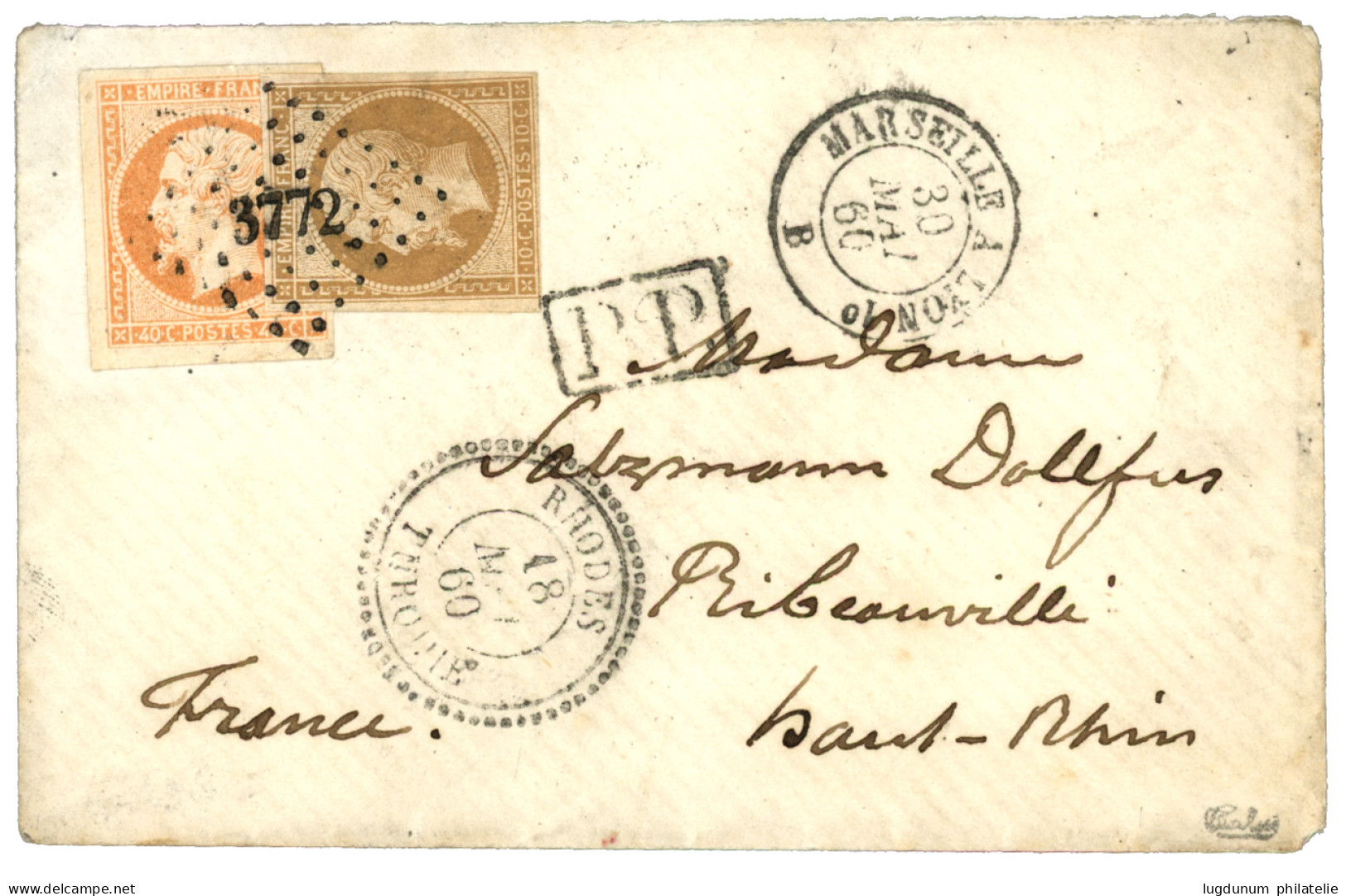 RHODES : 1860 10c (n°13) + 40c (n°16) Obl. PC 3772 (frappe Superbe) + RHODES TURQUIE Sur Enveloppe Pour La FRANCE. Signé - 1849-1876: Classic Period