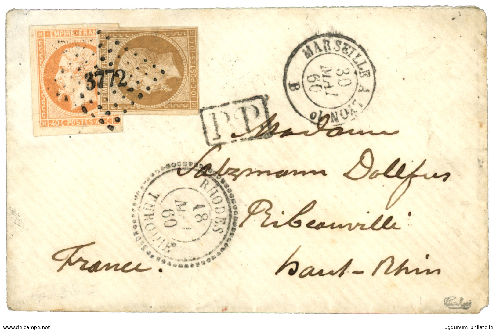 RHODES : 1860 10c (n°13) + 40c (n°16) Obl. PC 3772 (frappe Superbe) + RHODES TURQUIE Sur Enveloppe Pour La FRANCE. Signé - 1849-1876: Klassieke Periode