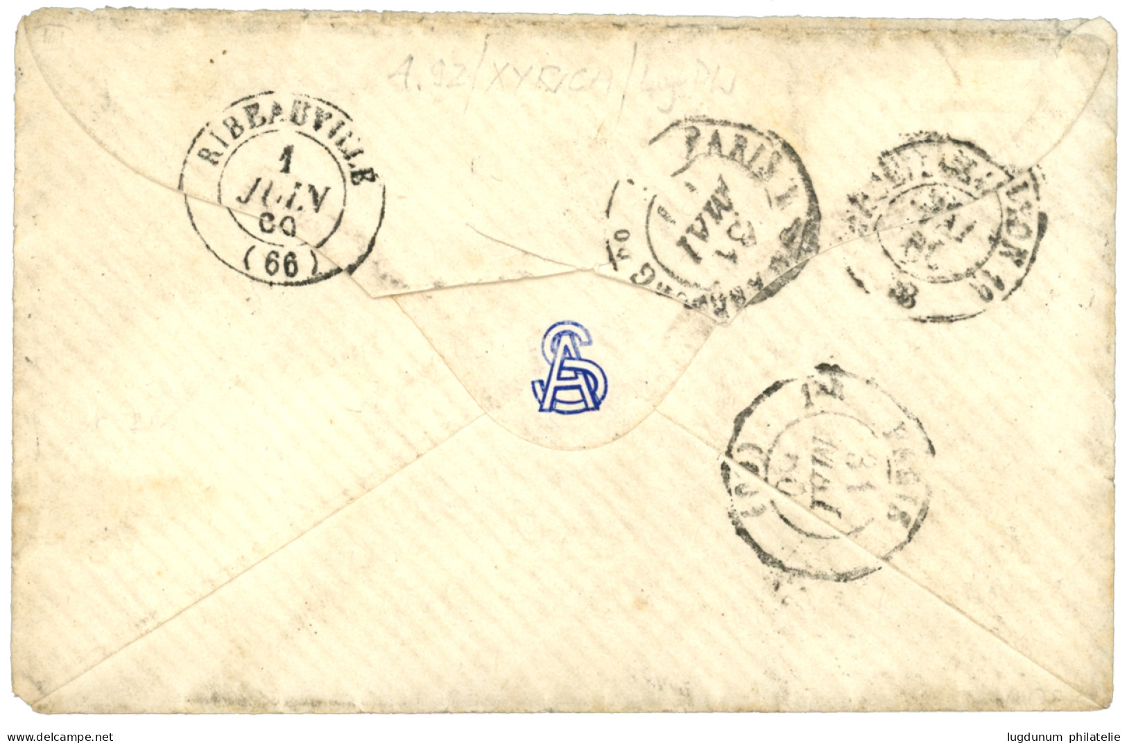 RHODES : 1860 10c (n°13) + 40c (n°16) Obl. PC 3772 (frappe Superbe) + RHODES TURQUIE Sur Enveloppe Pour La FRANCE. Signé - 1849-1876: Klassik