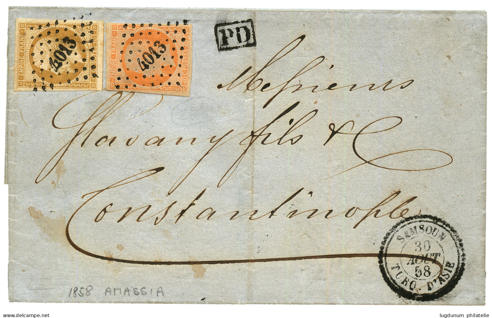 SAMSOUN : 1858 10c (n°13) + 40c (n°16) Obl. PC 4013 + SAMSOUN TURQUIE Sur Lettre Avec Texte Daté "AMASSIA" Pour CONSTANT - 1849-1876: Periodo Clásico