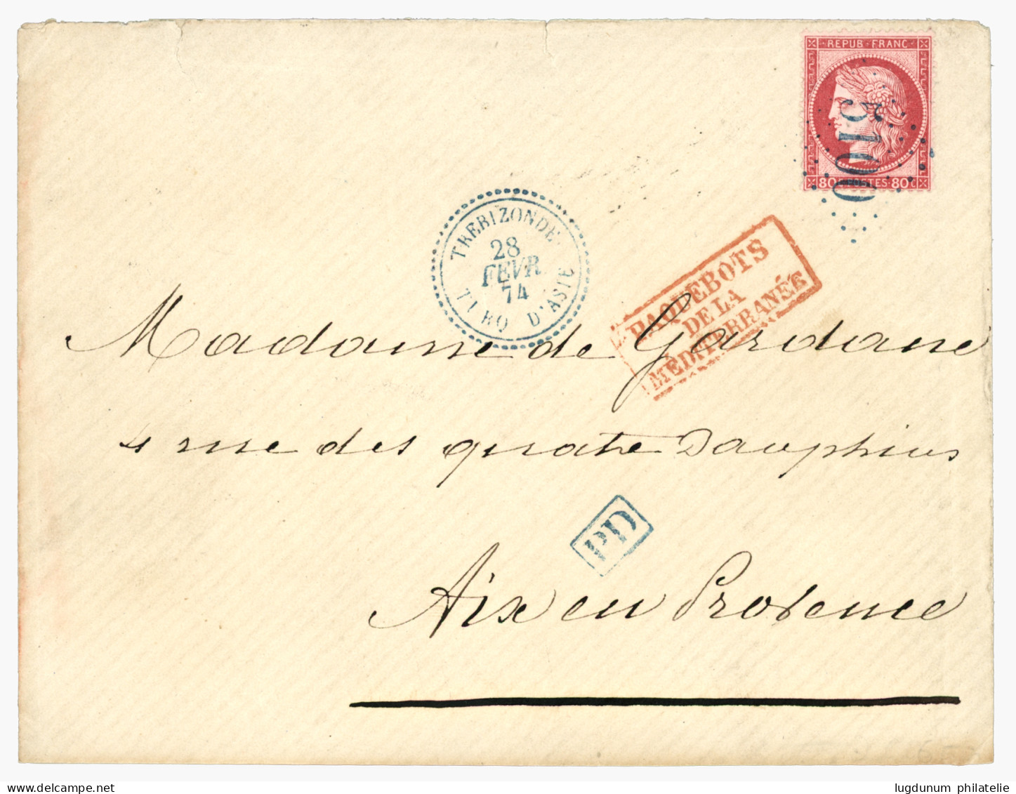 TREBIZONDE : 1874 80c CERES Obl. GC 5100 Bleu + TREBIZONDE TURQ. D' ASIE Sur Enveloppe Pour La FRANCE. Superbe Qualité. - 1849-1876: Klassik