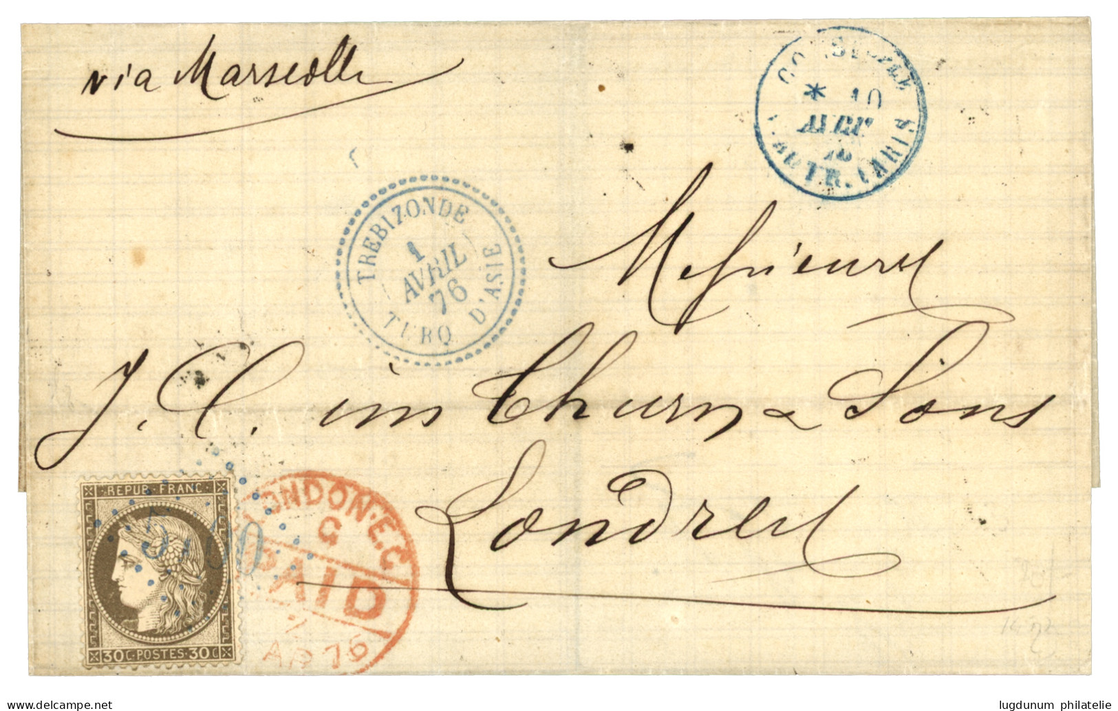 TREBIZONDE Voie D' AUTRICHE : 1876 30c CERES Obl. GC 5100 En Bleu + TREBIZONDE TURQ. D' ASIE + Cachet D' Entrée CONSTple - 1849-1876: Classic Period