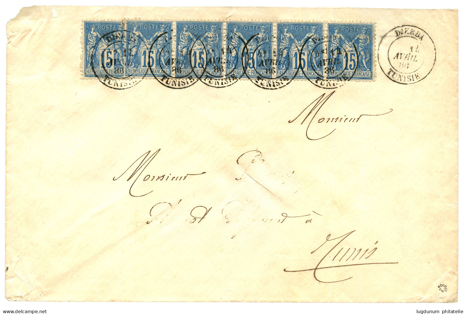 TUNISIE - DJERBA : 1886 15c SAGE (x6), 1 Ex. Pd Obl. DJERBA TUNISIE Sur Enveloppe Pour TUNIS. Combinaison Exceptionnelle - 1849-1876: Période Classique