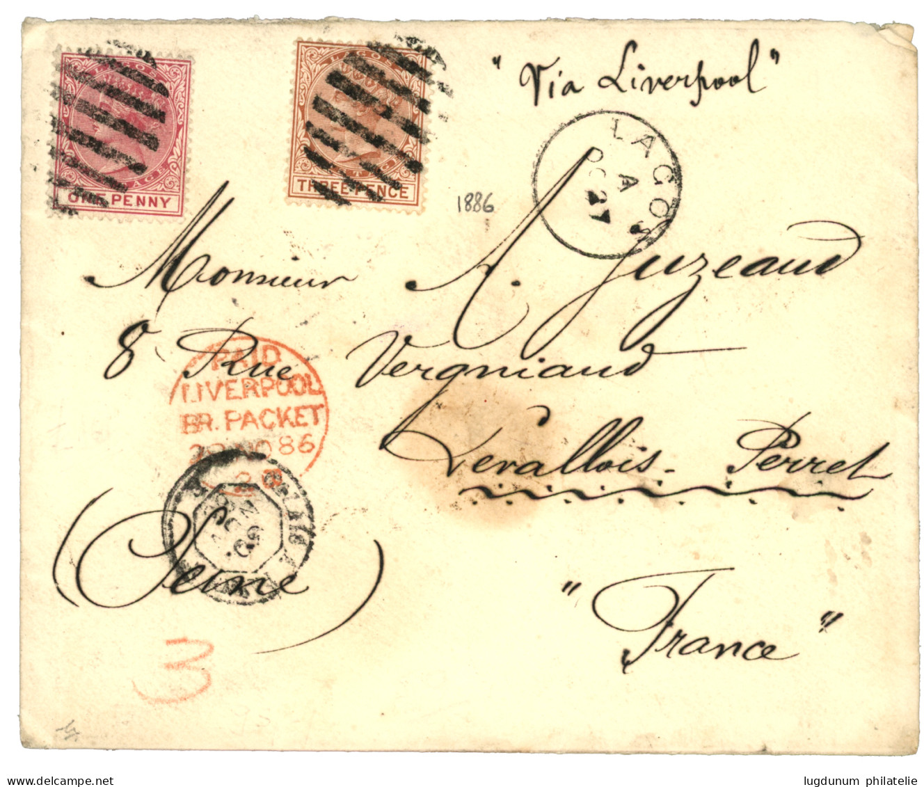 BENIN - COTONOU Via LAGOS : 1886 LAGOS 1d + 3d + LAGOS Sur Enveloppe De COTONOU Pour La FRANCE. Verso, "KOTONOU Via LIVE - Other & Unclassified