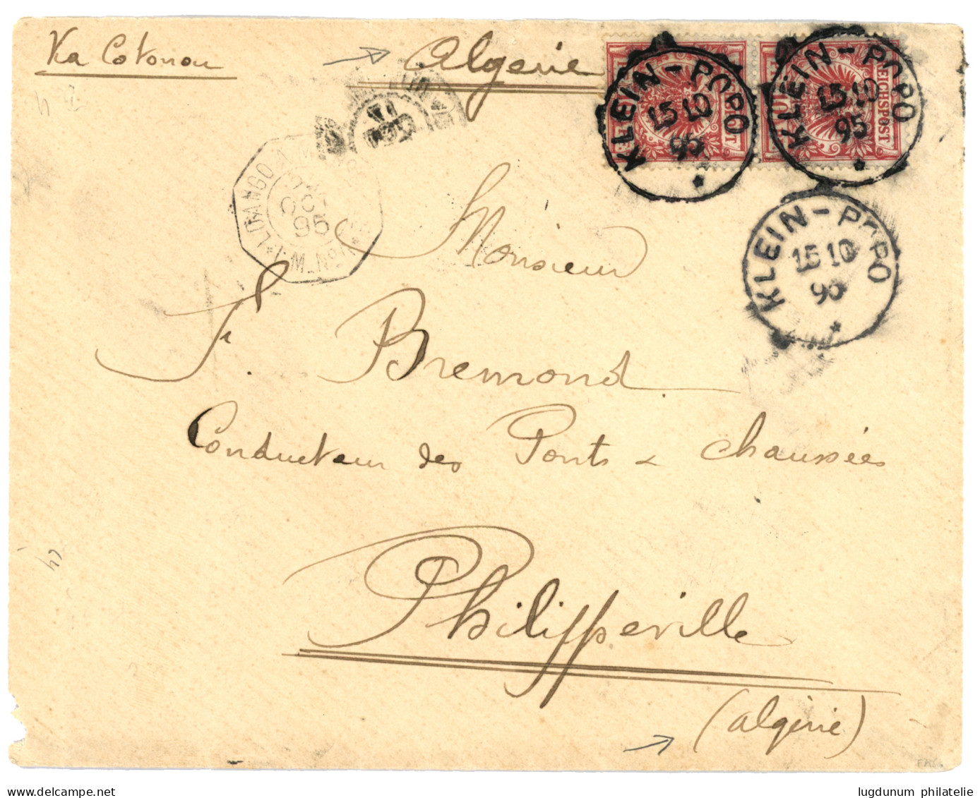 BENIN - CORR. D' ARMEES WHYDAH : 1895 ALLEMAGNE 10pf (x2) Obl. KLEIN-POPO Sur Enveloppe Avec Texte Daté "PETIT POPO" Pou - Other & Unclassified