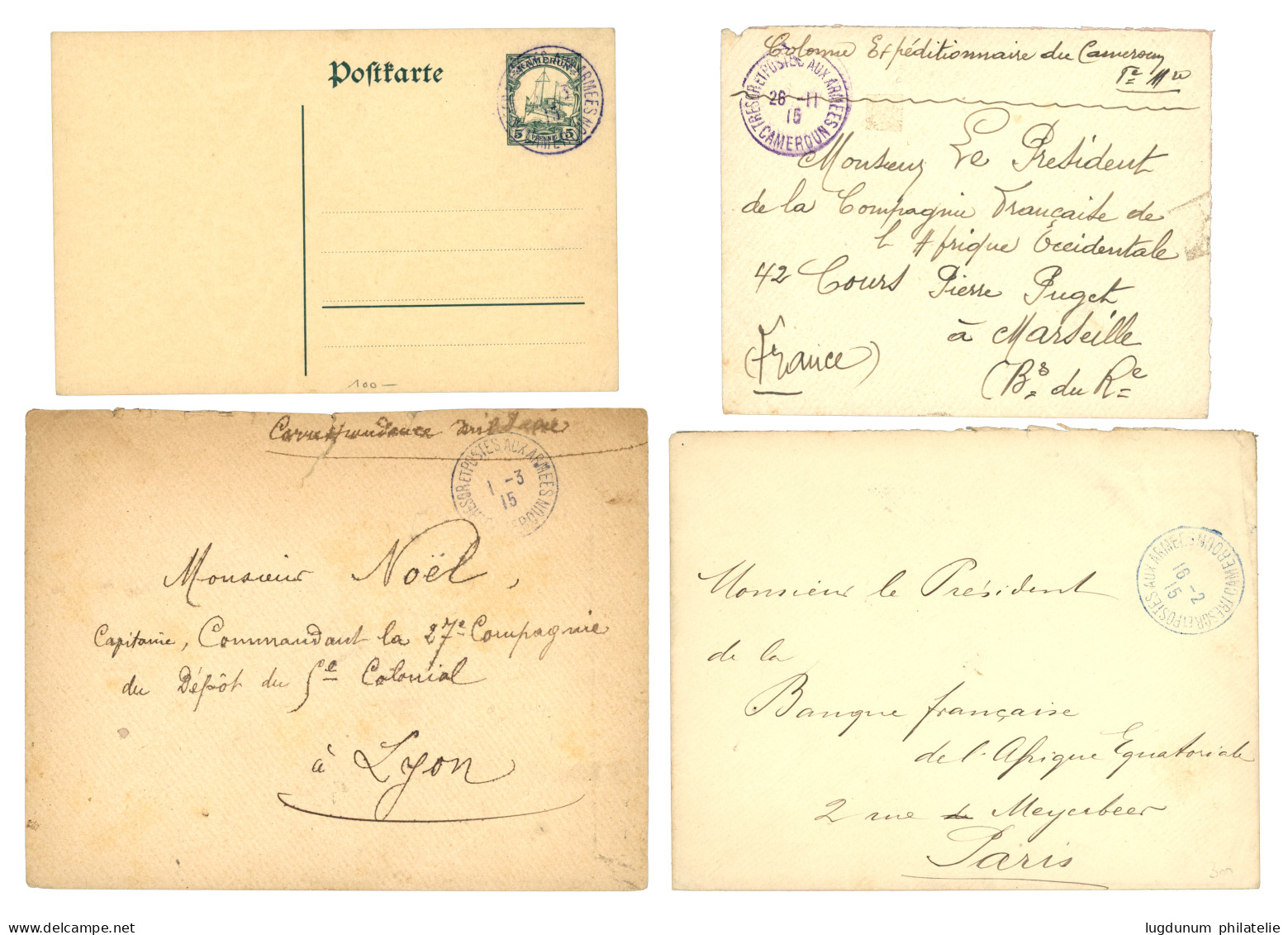 CAMEROUN : 1915 Lot De 3 Lettres +1 Entier Obl. TRESOR Et POSTE AUX ARMEES CAMEROUN. TTB. - Otros & Sin Clasificación