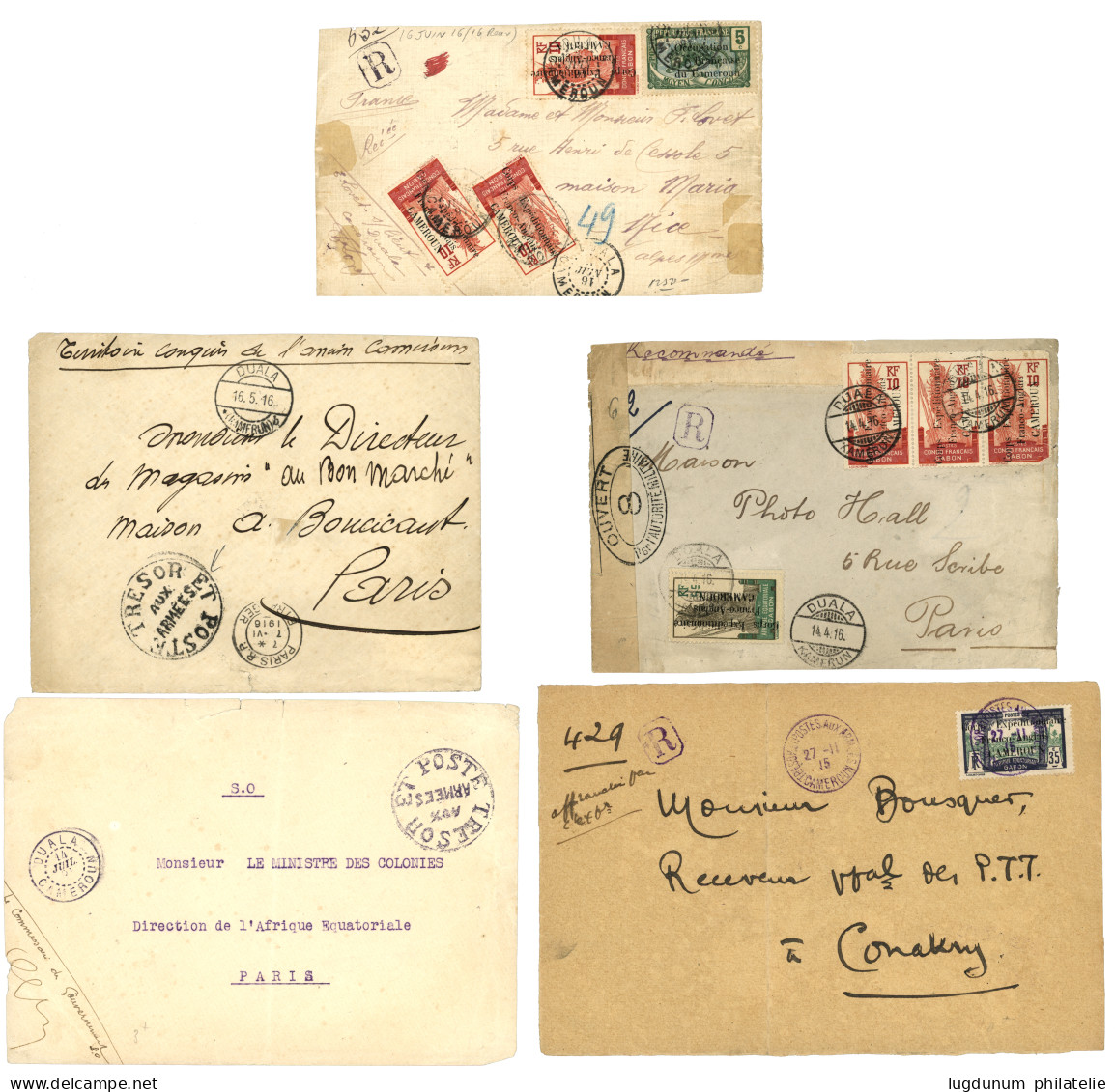 CAMEROUN : 1915/16 Lot De 5 Devants De Lettres (Front Only) Dont Timbres De La 1ére émissions. RARE. TB. - Autres & Non Classés