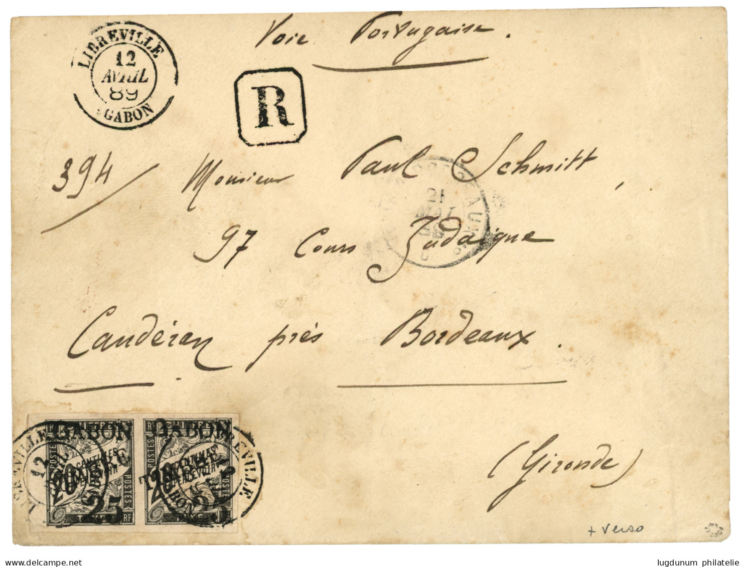 GABON : 1889  Paire Bord De Feuille 25 S/ 20c (n°13) Obl. LIBREVILLE GABON Sur Enveloppe RECOMMANDEE Pour BORDEAUX. Vers - Sonstige & Ohne Zuordnung