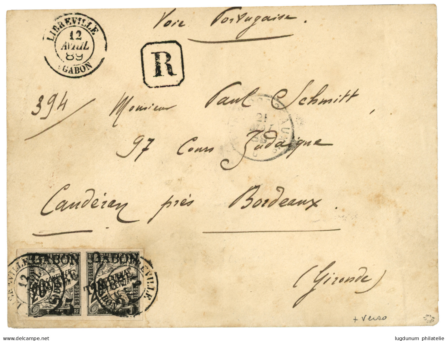 GABON : 1889  Paire Bord De Feuille 25 S/ 20c (n°13) Obl. LIBREVILLE GABON Sur Enveloppe RECOMMANDEE Pour BORDEAUX. Vers - Altri & Non Classificati