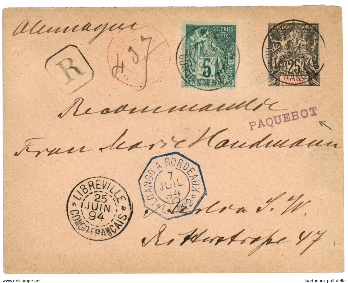 CONGO : 1894 Entier 25c Groupe + COLONIES GENERALES 5c Obl. LIBREVILLE + Griffe PAQUEBOT En RECOMMANDEE Pour L' ALLEMAGN - Other & Unclassified