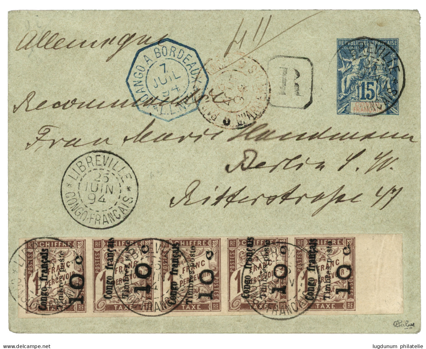 CONGO : 1894 Entier Postal 15c + Magnifique Bande De 5 TTB Margée Du 10c S/ 1F (n°11) Obl. LIBREVILLE + LOANGO A BORDEAU - Autres & Non Classés