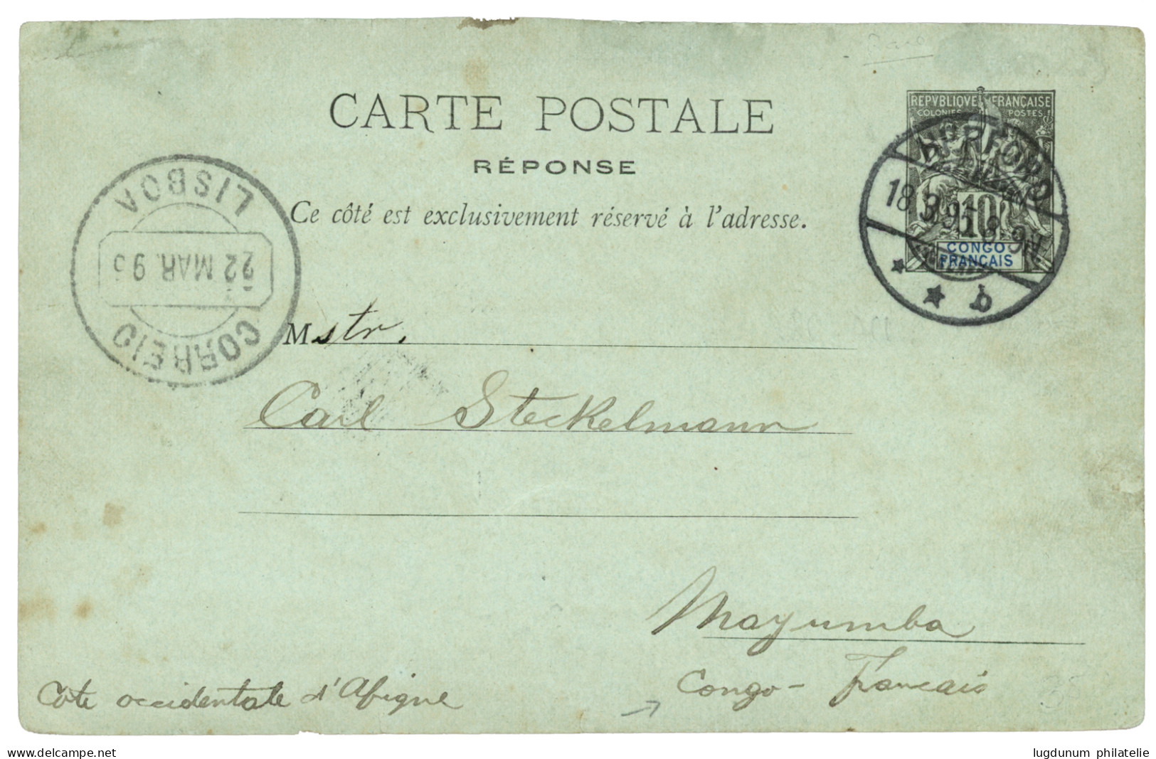 CONGO : 1895 Entier Réponse 10c Obl. Cachet Allemand HERFORD Via LISBOA Pour MAYUMBA (CONGO FRANCAIS). TTB. - Altri & Non Classificati